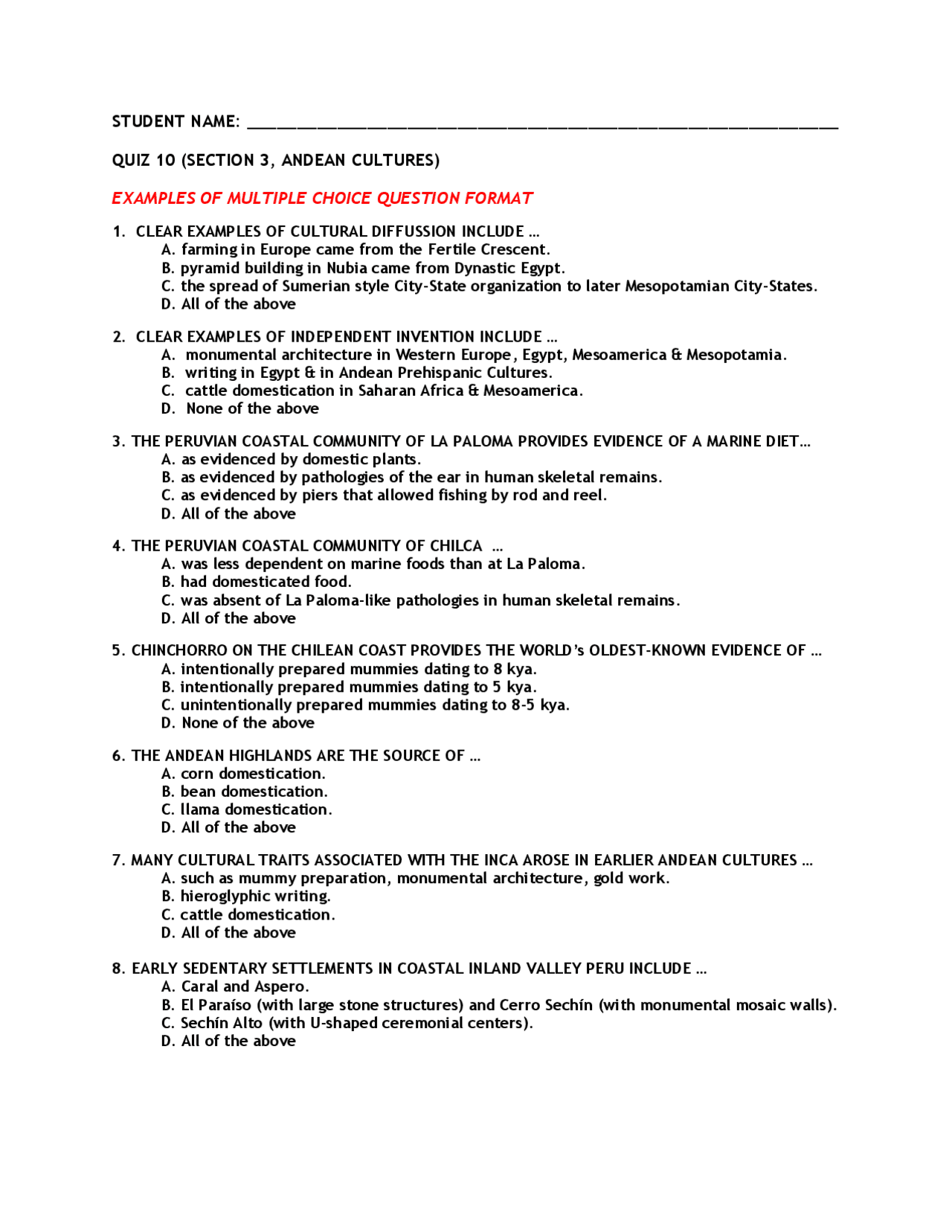 Examples of Multiple Choice Questions Format | ANTH 140 - Docsity