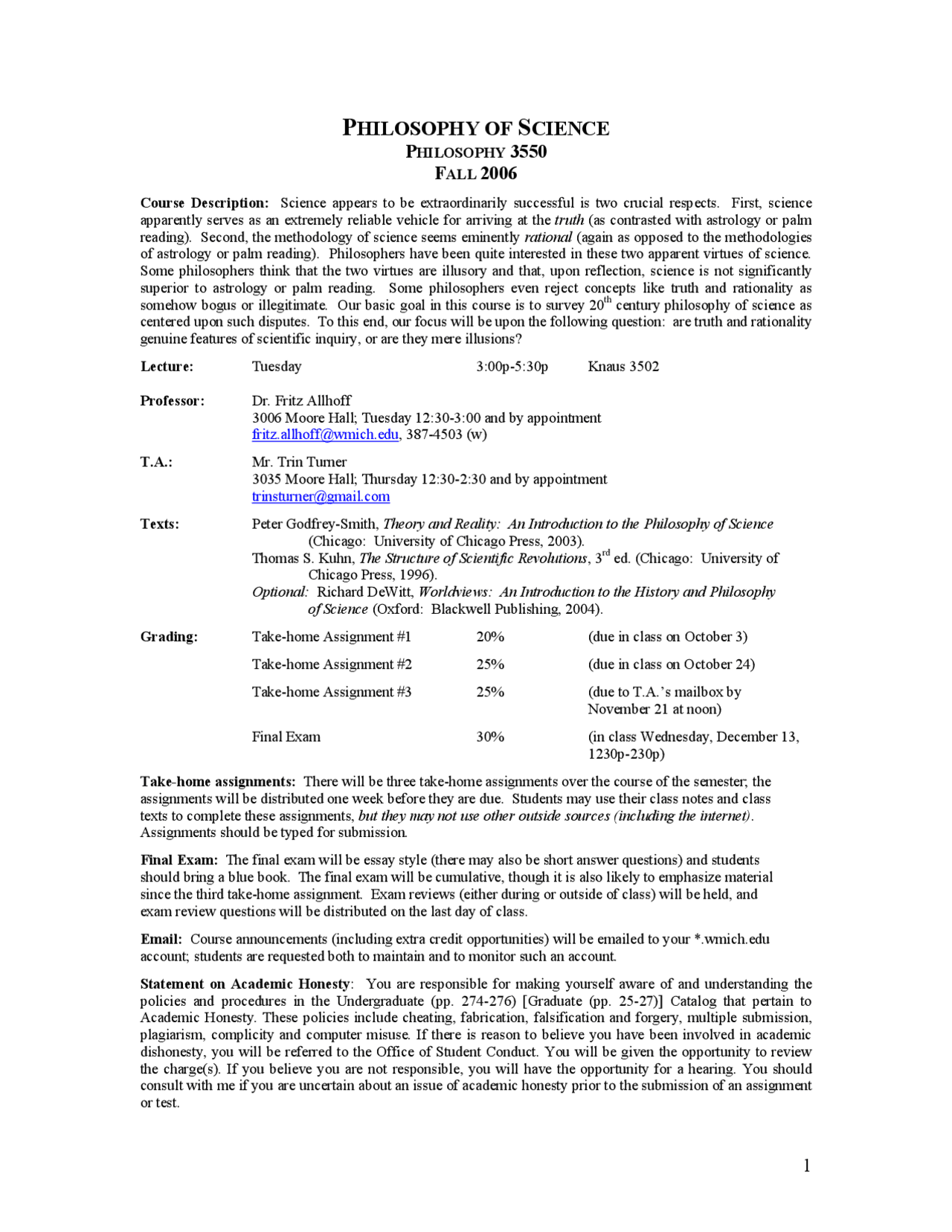 Philosophy of science Lecture Notes United Kingdom Philosophy Dr.Fritz Allhoff Docsity