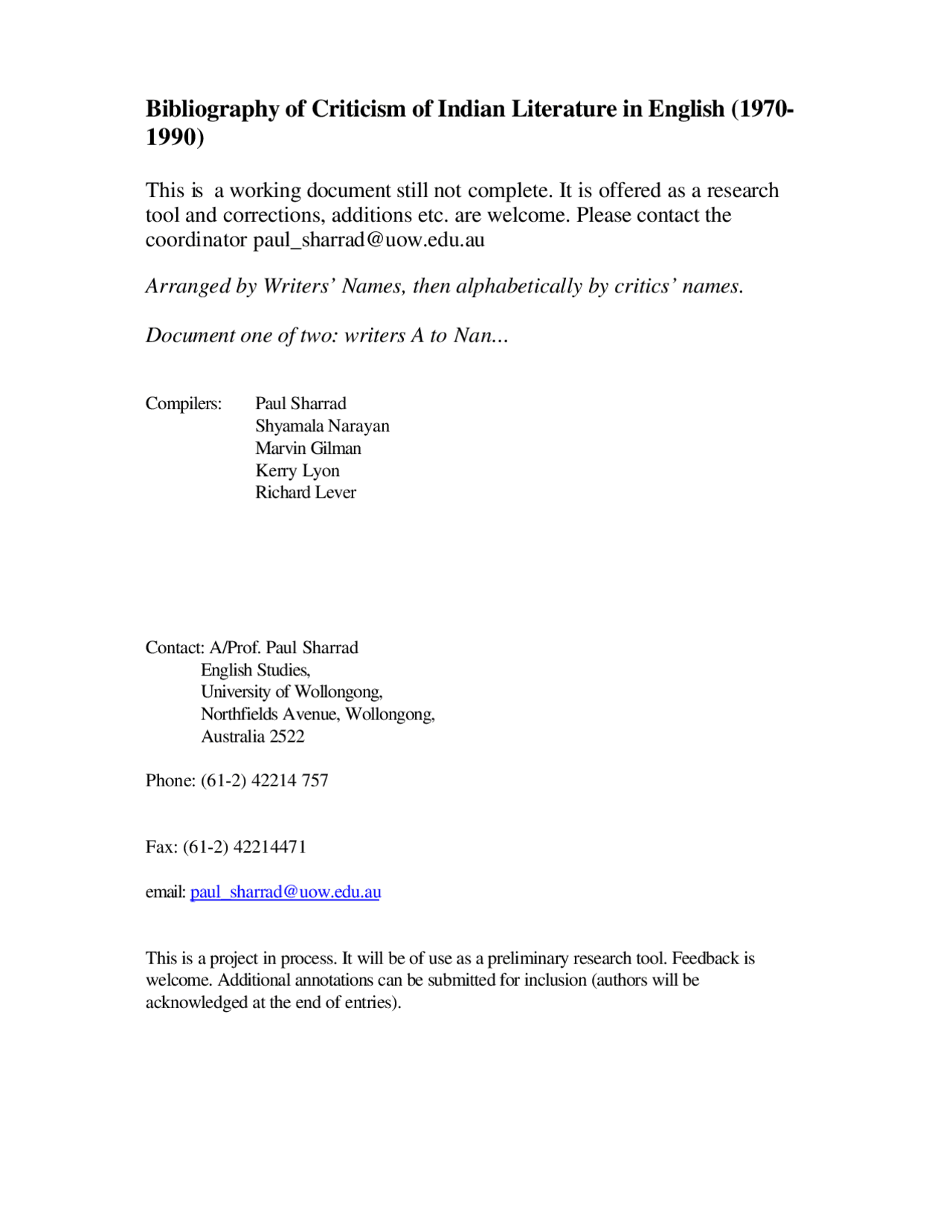 Bibliography of Criticism of Indian Literature in English - Lecture Notes -  Indian Literature - Prof. Paul Sharrad | Study notes Indian Literature |  Docsity