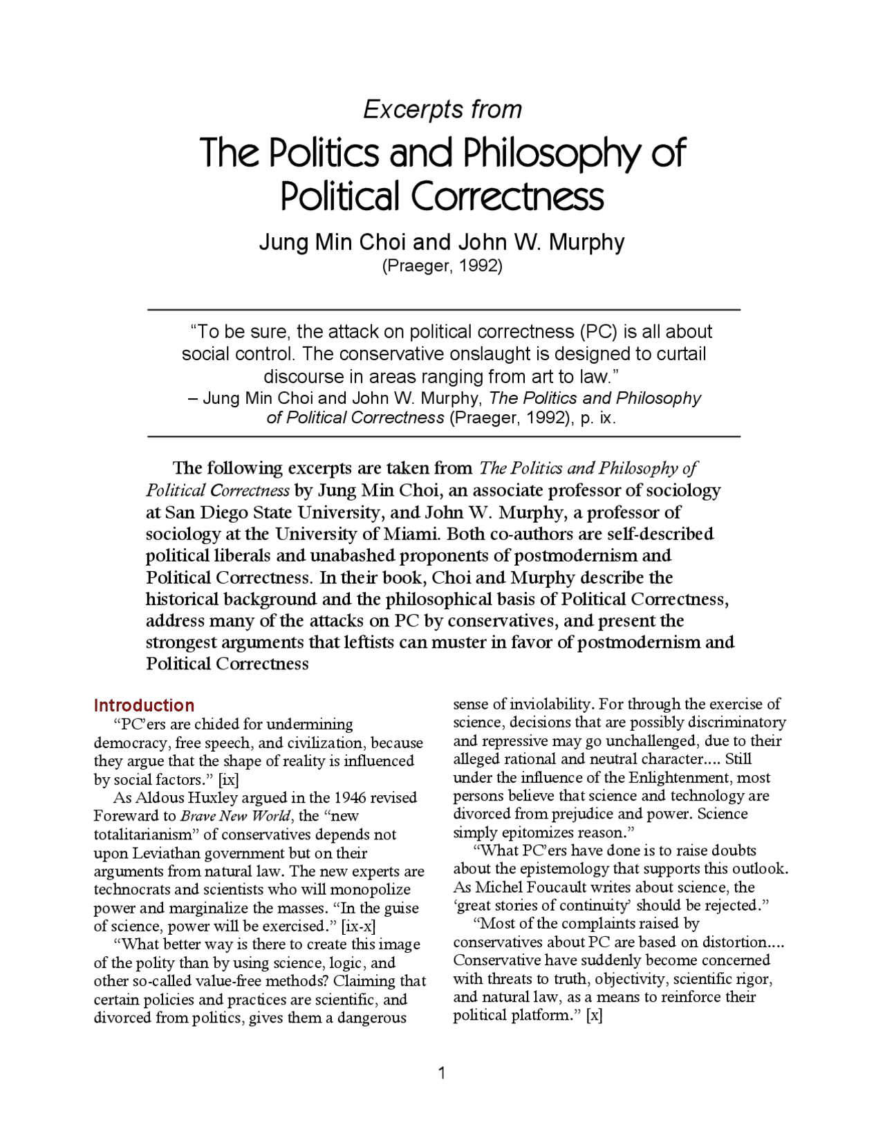 The Politics and Philosophy of Political Correctness Lecture Notes