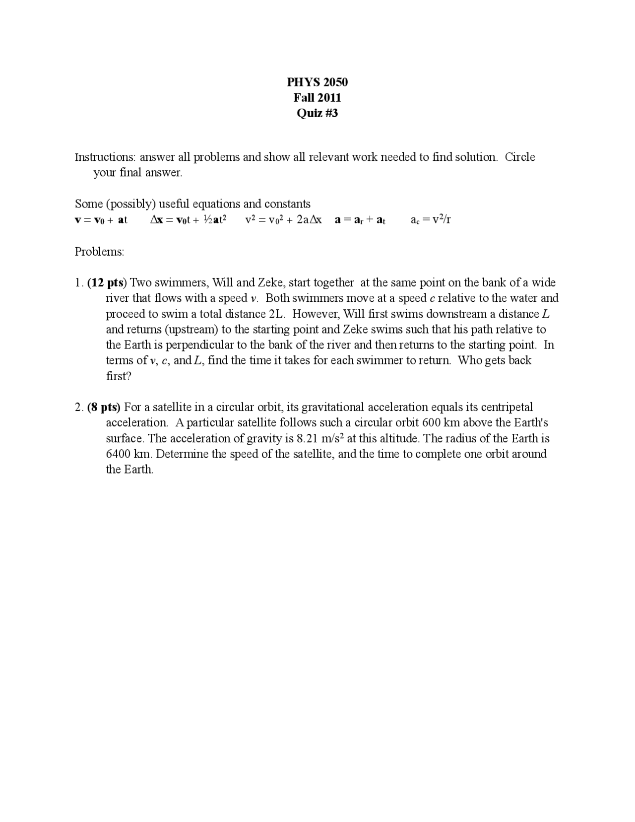 Quiz 3 for University Physics I | PHYS 2050 - Docsity