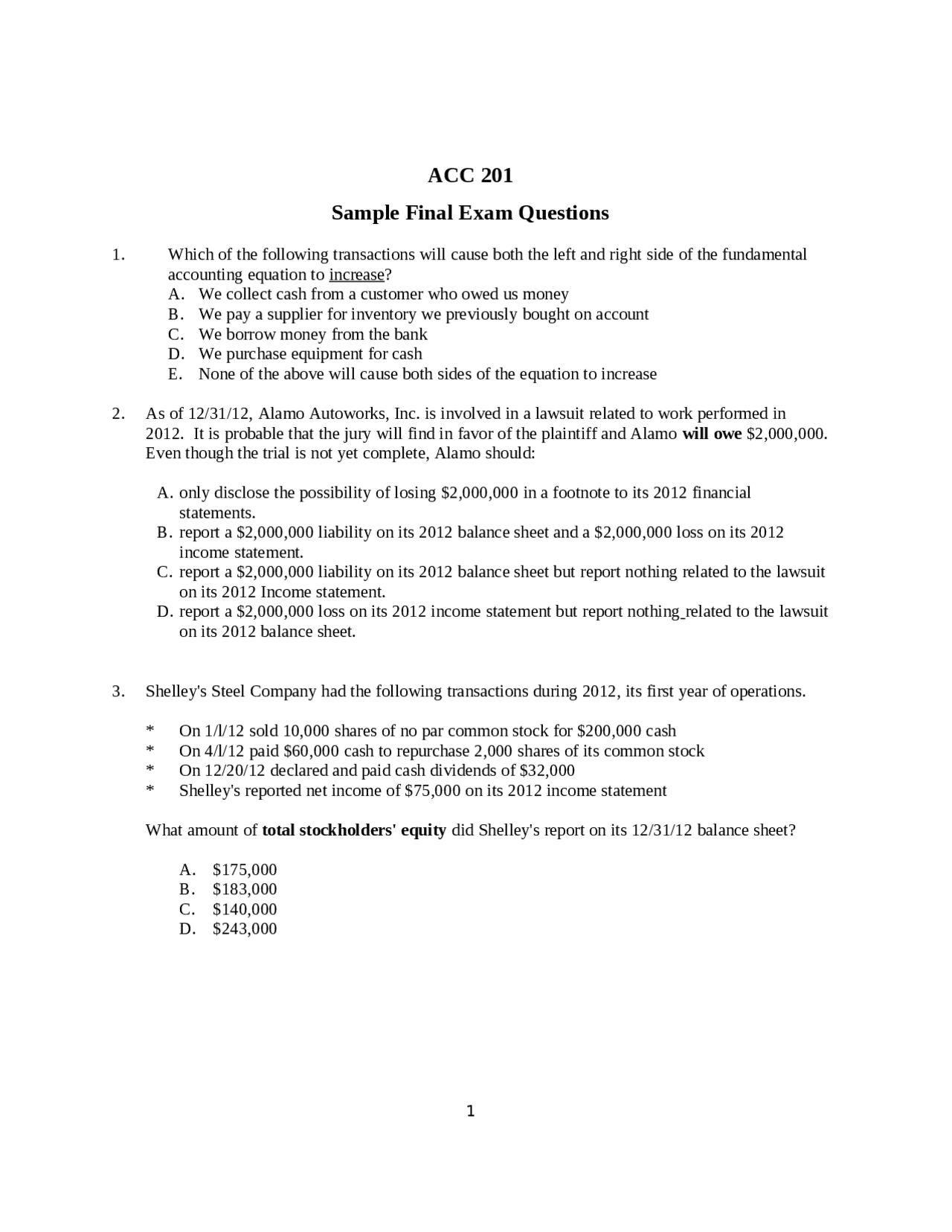 Principles of Financial Accounting - Practice Exam | ACC 201 - Docsity