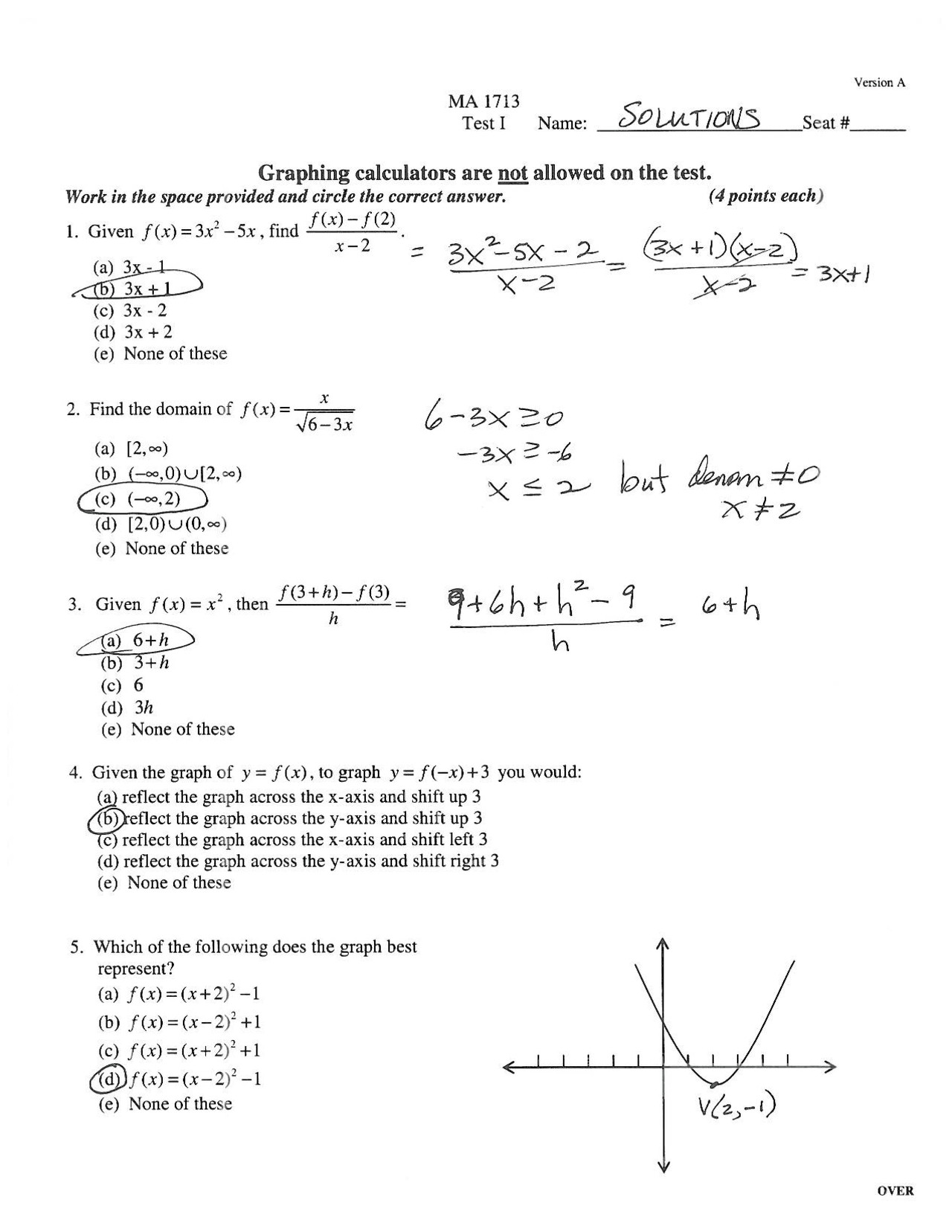 Solved Test 1 For Calculus I Fall 06 Ma 1713 Docsity