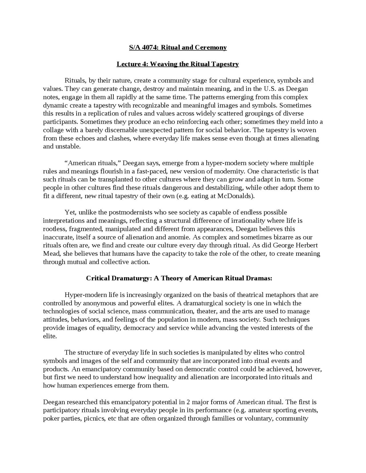 Ritual and Ceremony-LectureNotes 4-Sociology - Docsity