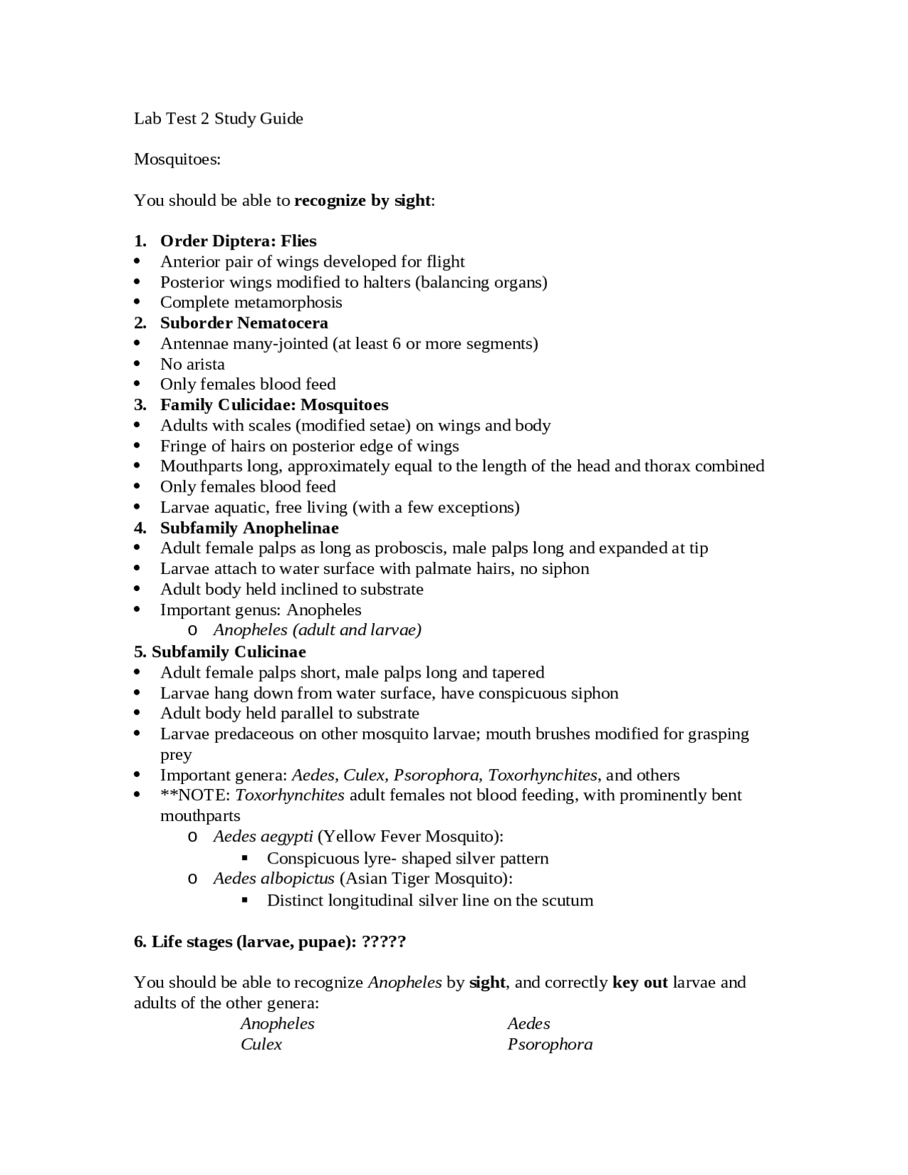 Lab Test 2 Study Guide - Medical Entomology | ENTO 3650 - Docsity