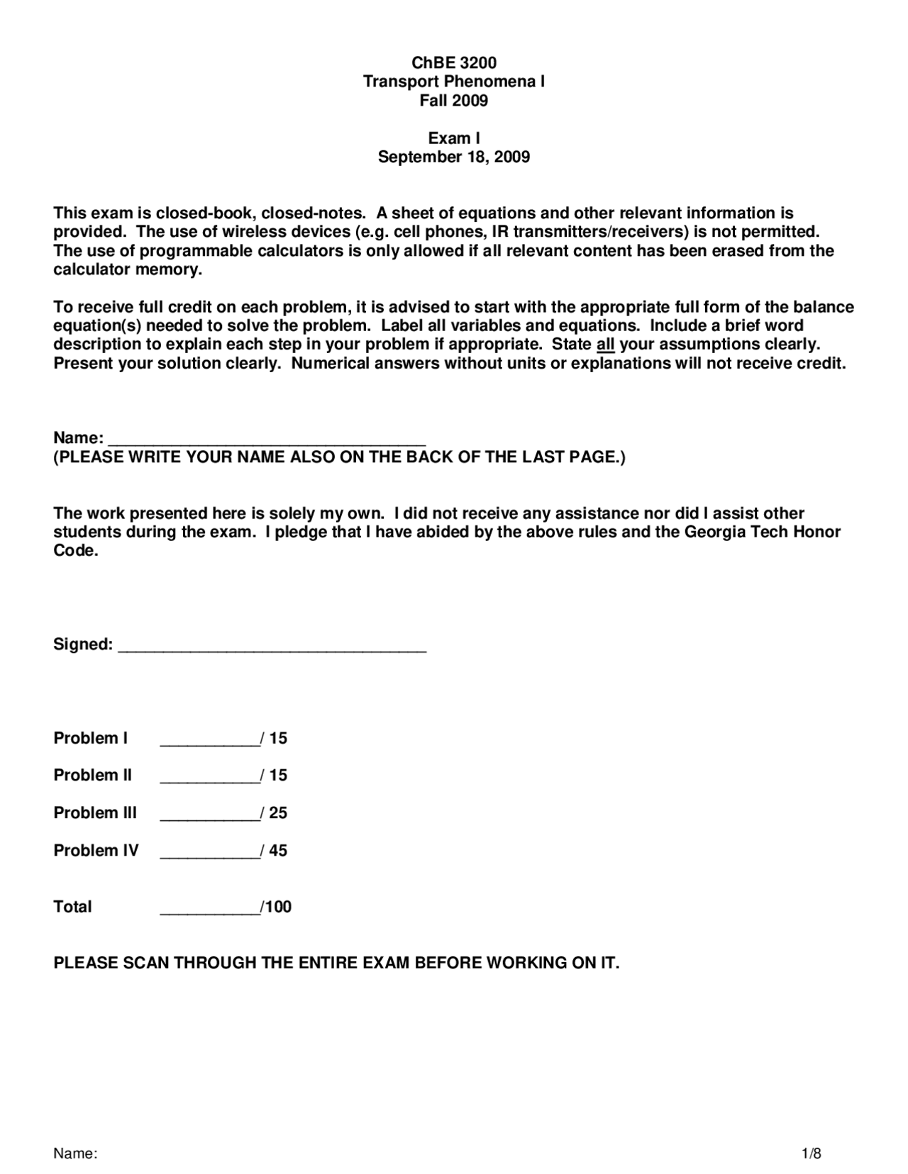 Exam 1 - Transport Processes II | CHBE 3210 - Docsity