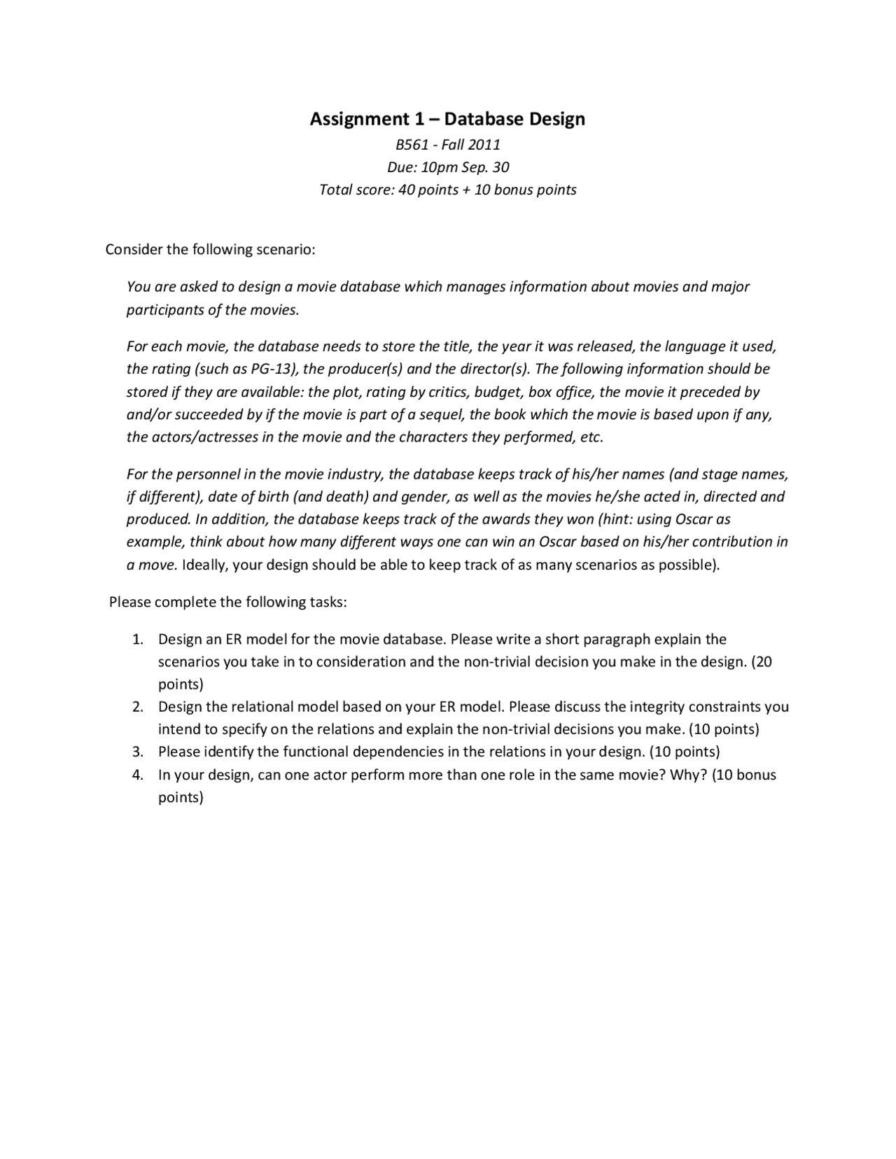 database development assignment - 1 database... Assignment 1 - Database Design | CSCI - Docsity