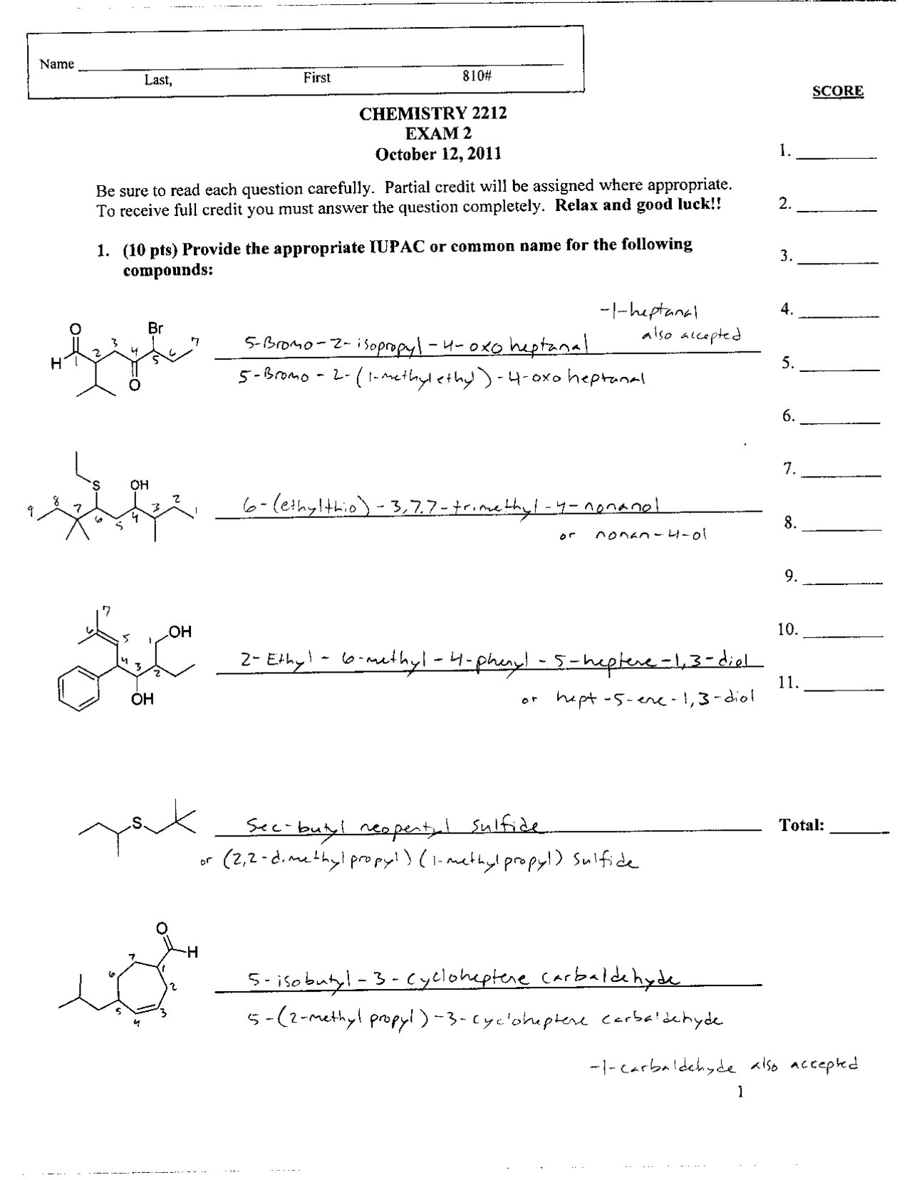 Exam 2 Solutions - Modern Organic Chemistry II | CHEM 2212 - Docsity