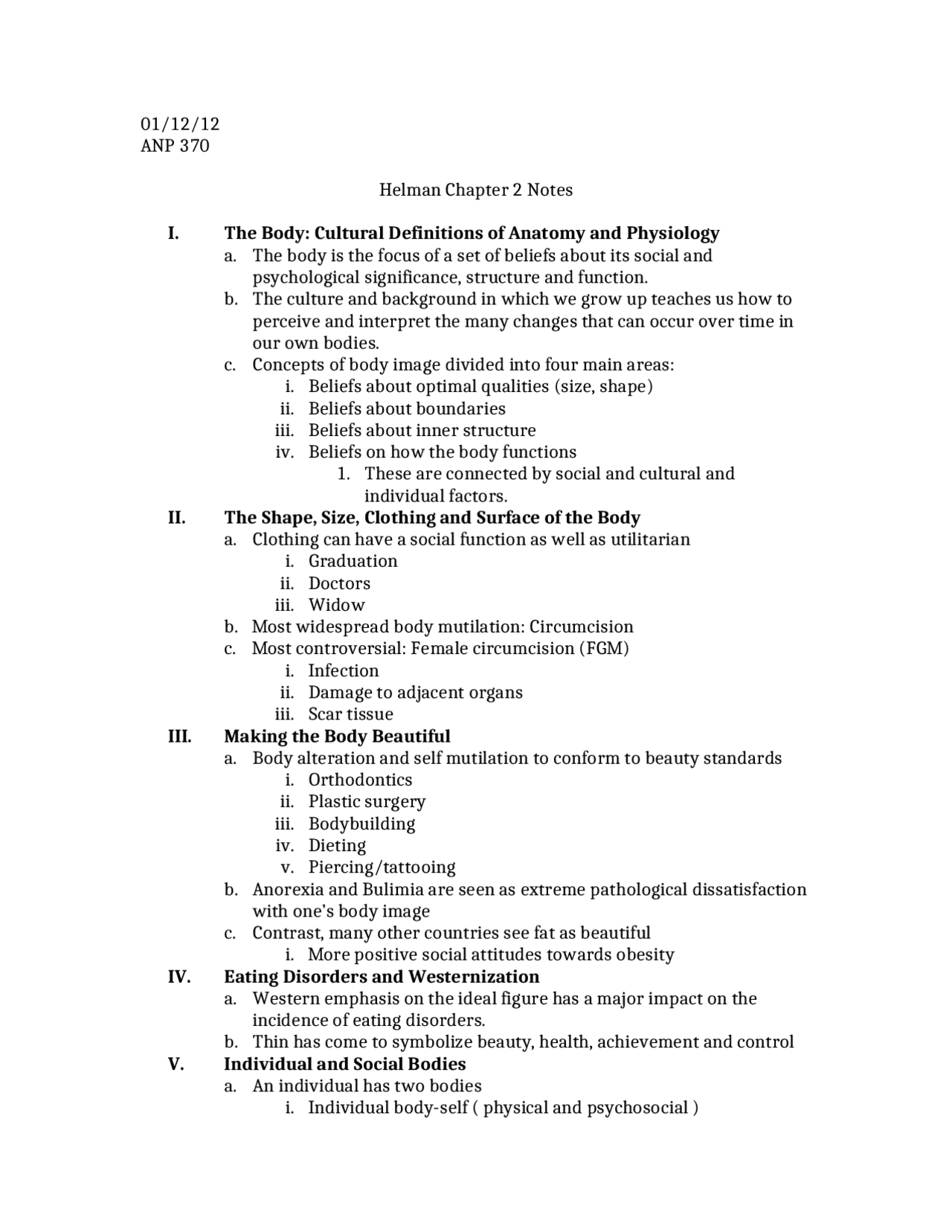 Helman Chapter 2 Notes - The Body: Culture Definition of Anatomy | ANP ...