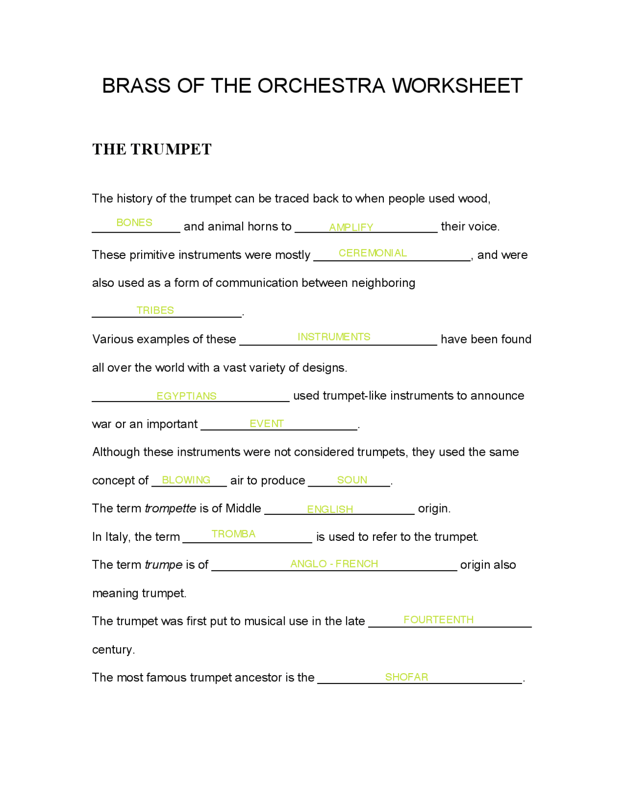 Brass of the Orchestra Worksheet Music Appreciation MUH 1011 Docsity