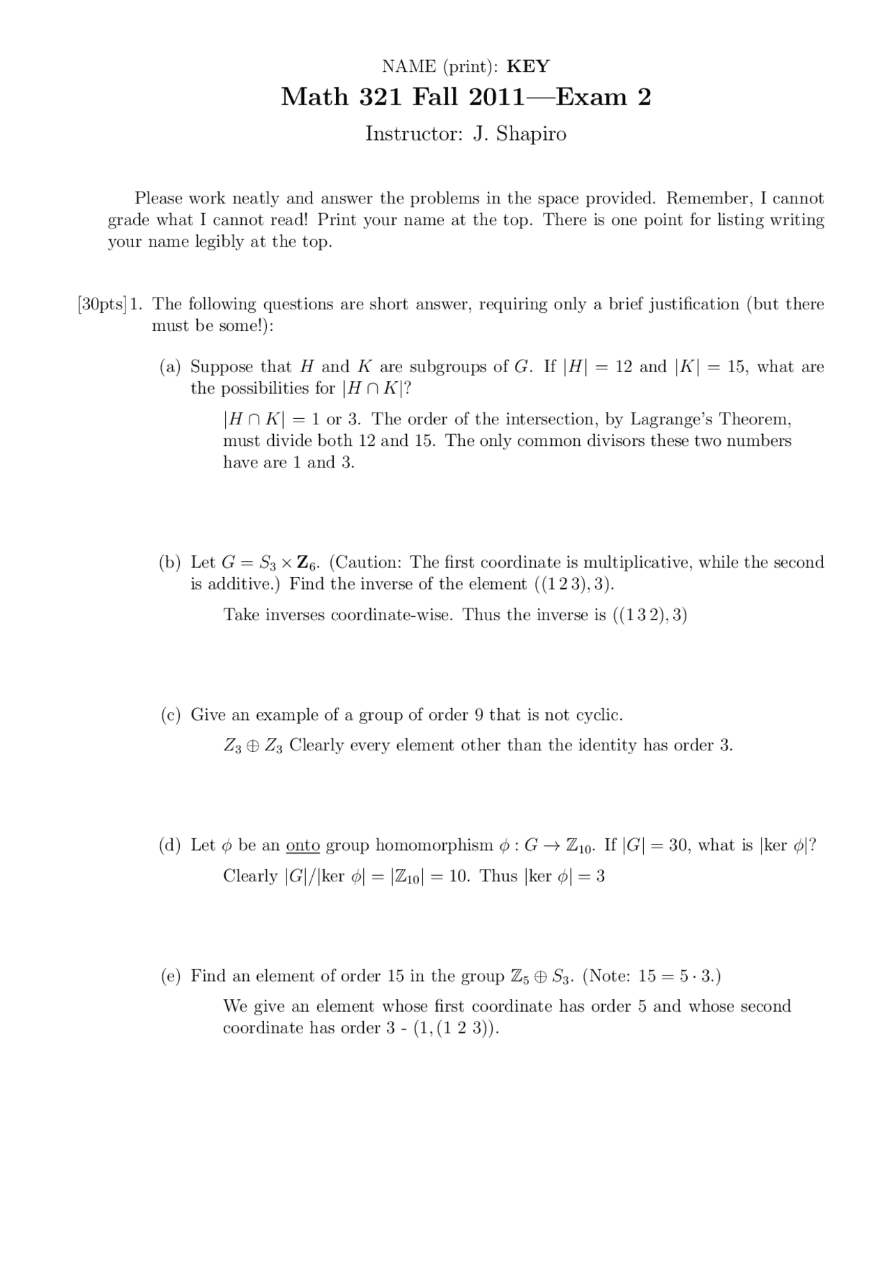 Exam 2 With Answer Key for Abstract Algebra | MATH 321 - Docsity