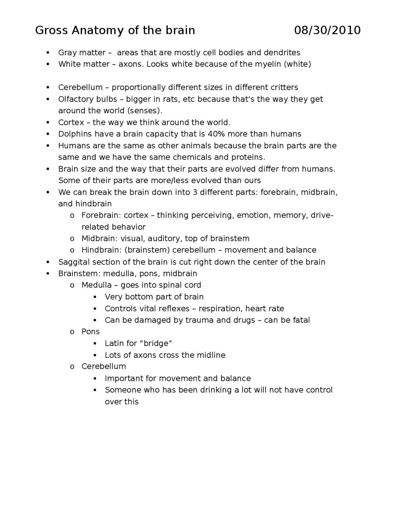 Gross Anatomy of the Brain - Lecture Notes | PSB 2000 - Docsity