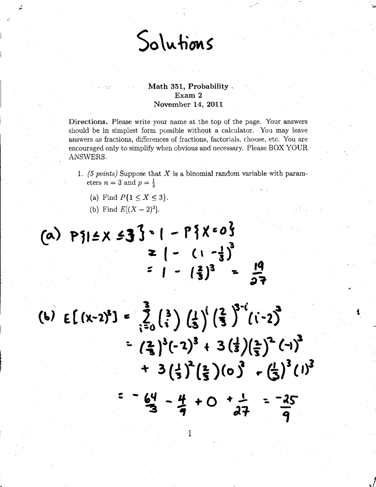 Exam 2 with Solutions - Probability - 2011 | MATH 351 - Docsity