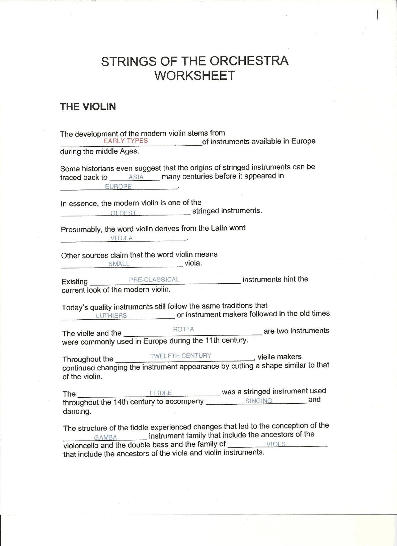 Worksheet Answers Strings of the Orchestra MUH 1011 Docsity