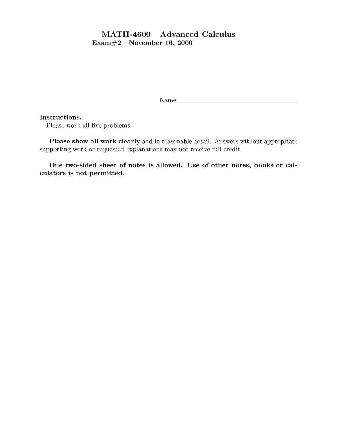 Sample Questions for Exam 2 - Advanced Calculus - Fall 2000 | MATH 4600 ...