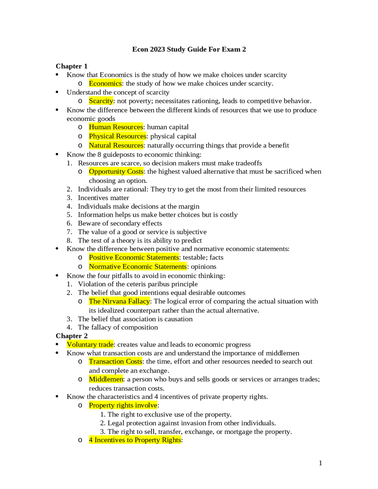 Study Guide for Exam 2 - Honors Principles of Microeconomics | ECO 2023 ...