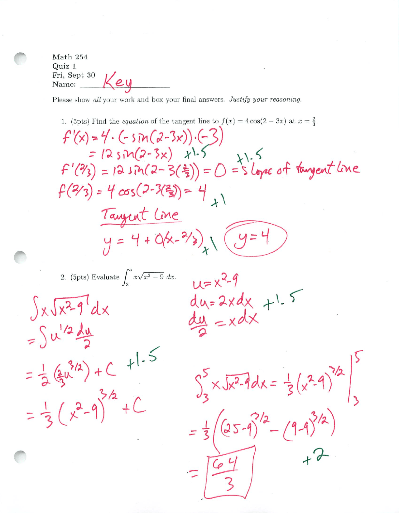 Quiz 1 Questions with Answer - Calculus IV | MTH 254 - Docsity
