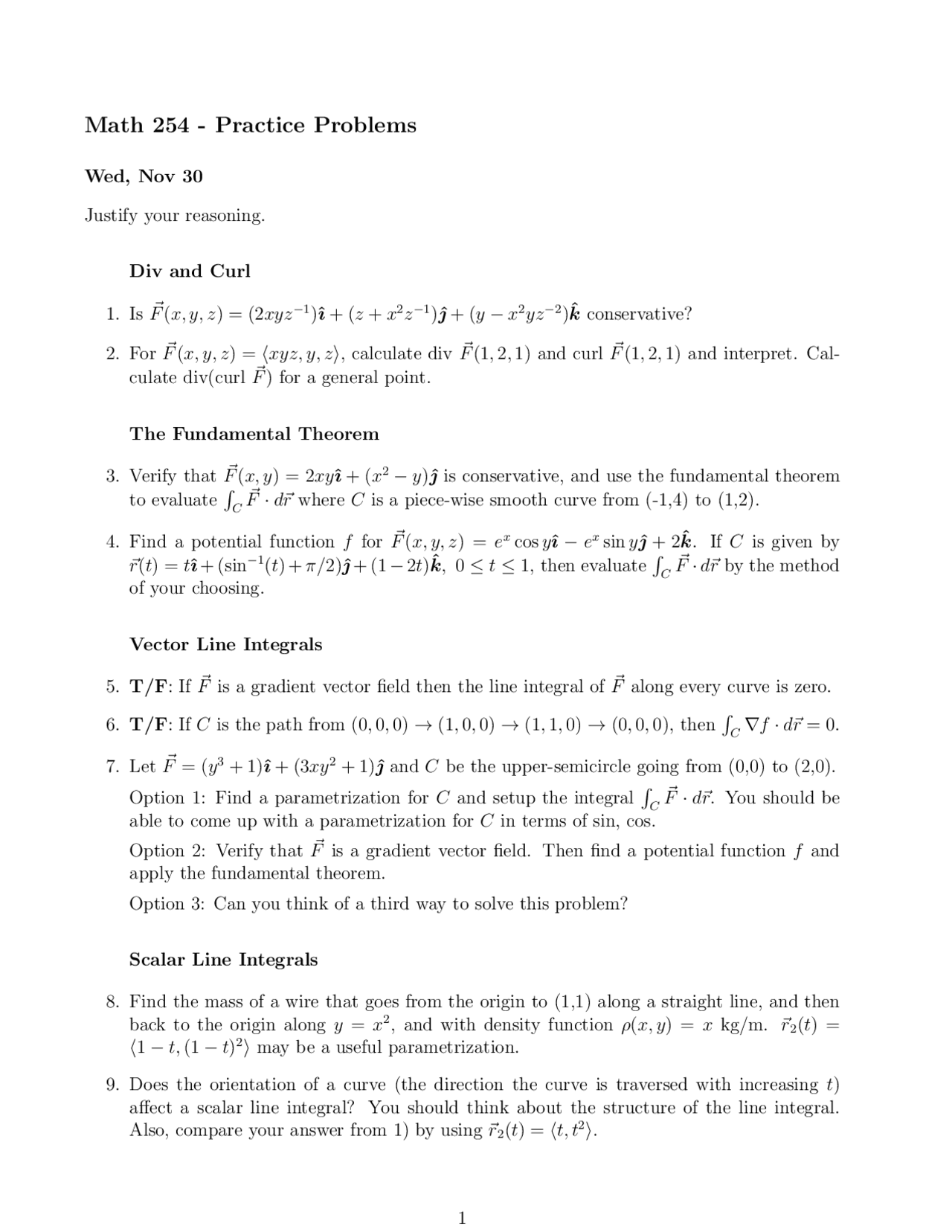 Practice Problems for Exam on Calculus IV | MTH 254 - Docsity