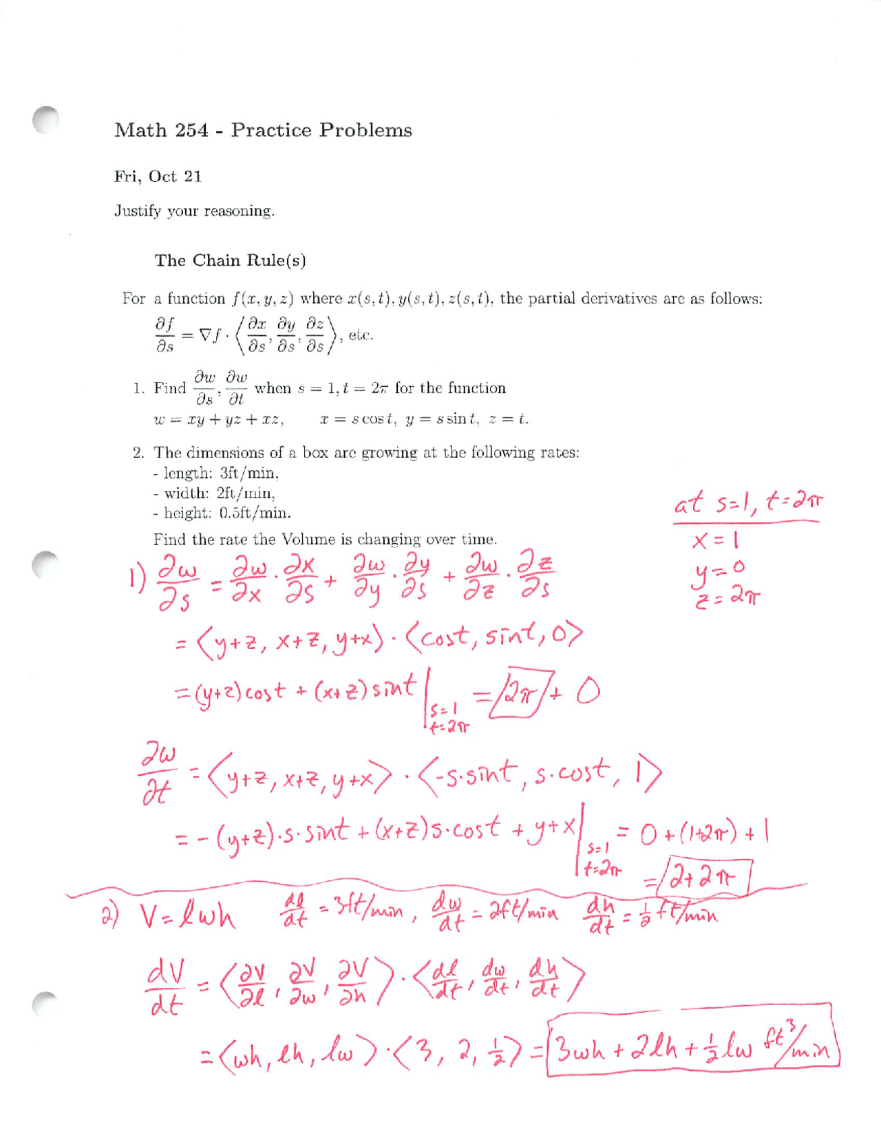 Solved The Chain Rule Practice Problems - Calculus IV | MTH 254 - Docsity