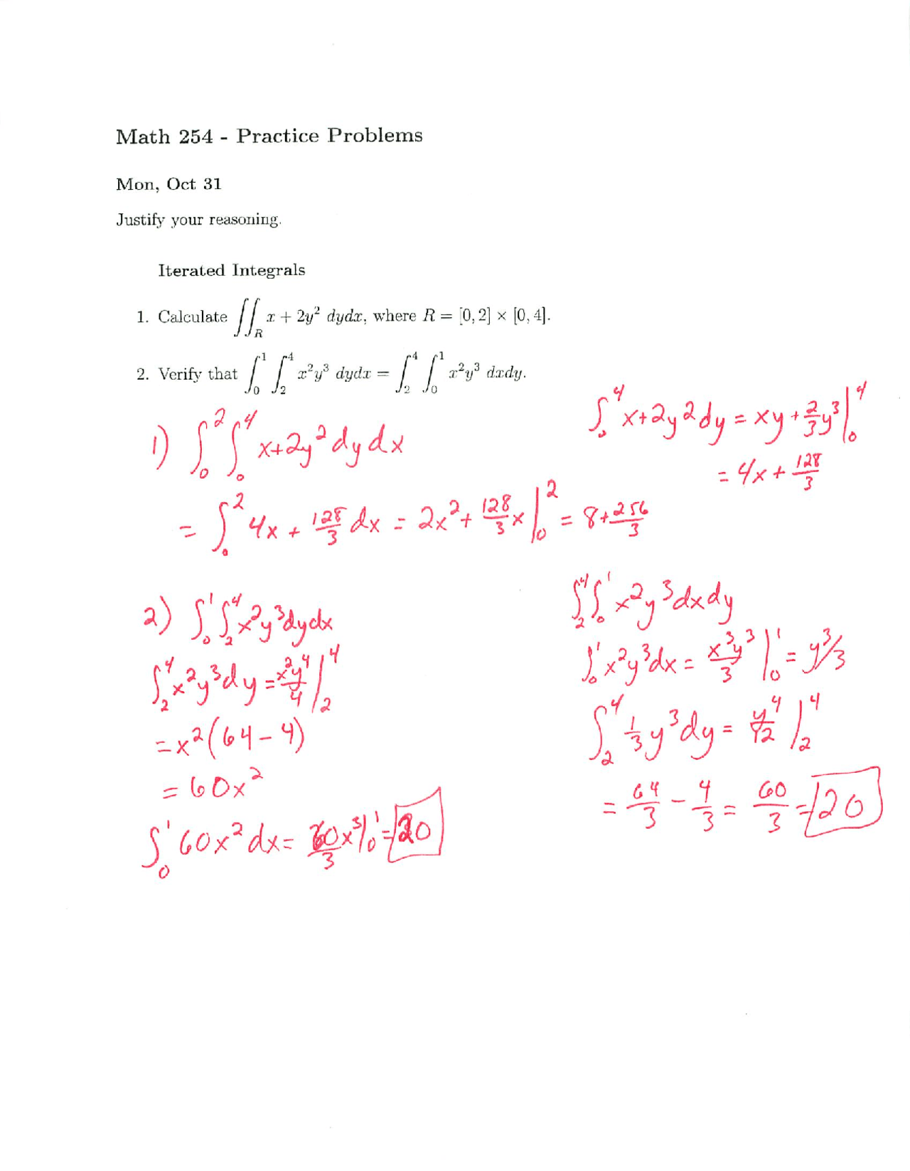 Integral Mat Problem Iterated Integrals - Problems Solutions | MTH 254 | Study notes ...