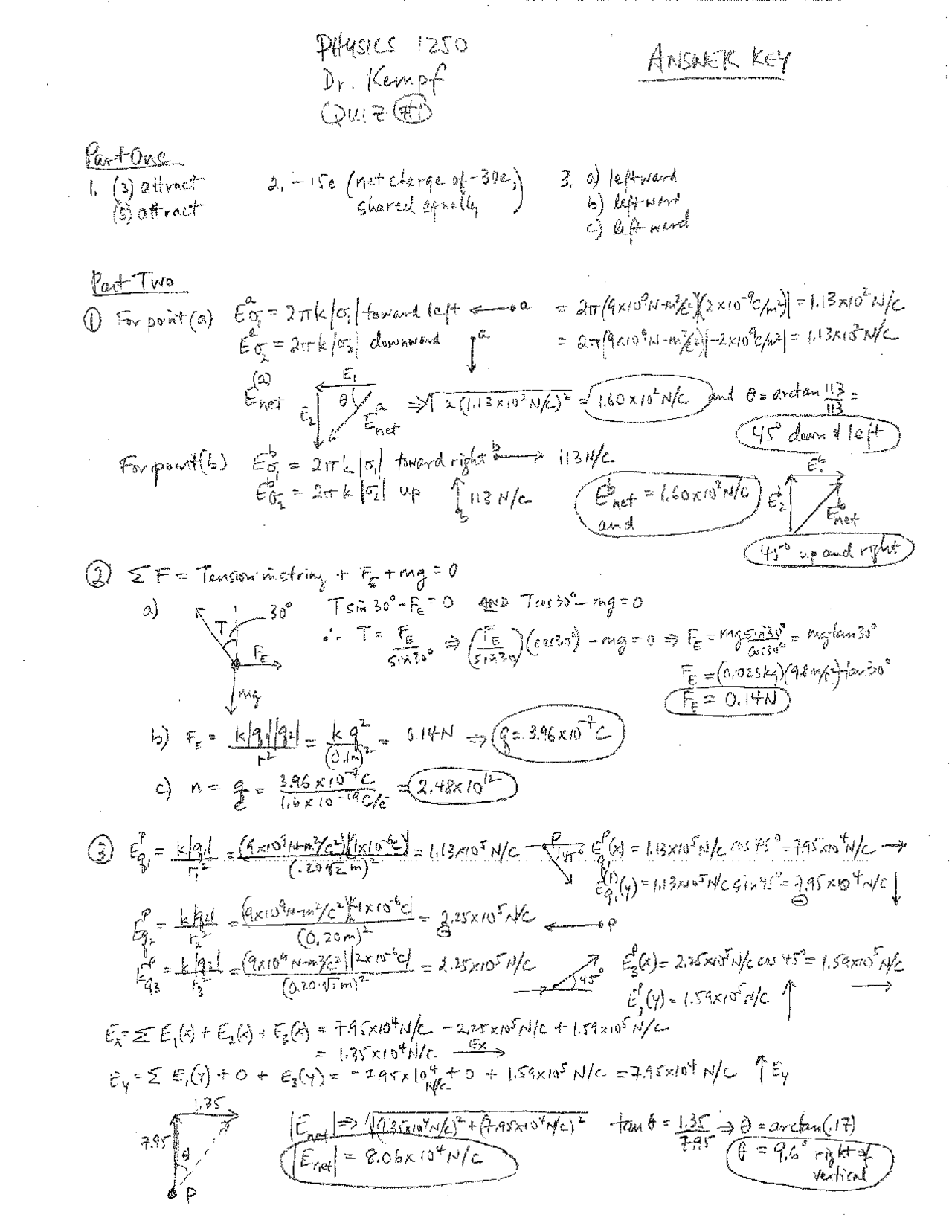 Quiz 1 Answer Key Only - General Physics | PHYS 1260 - Docsity
