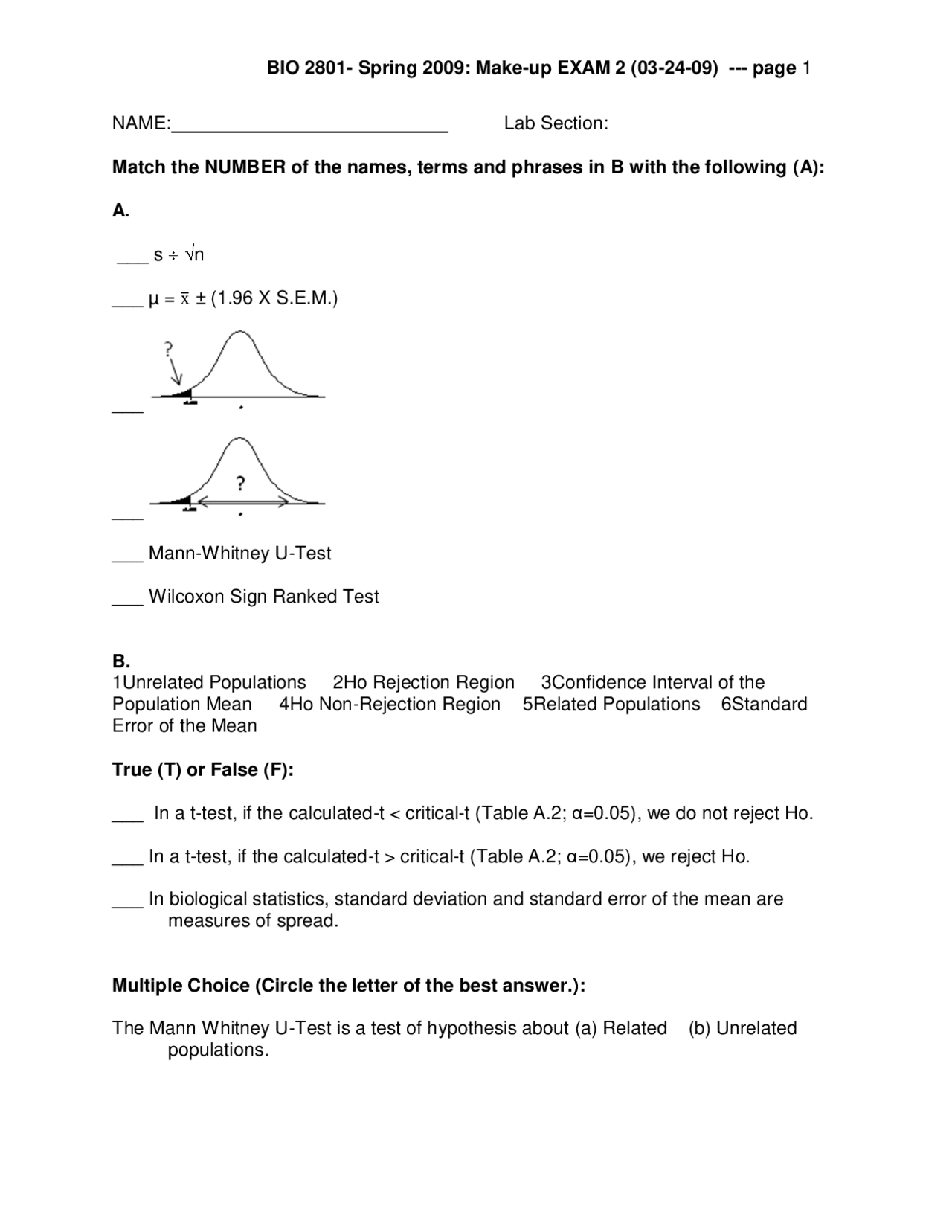 Exam 2 Questions for Biometry Fall 2009 BIO 2801 Docsity