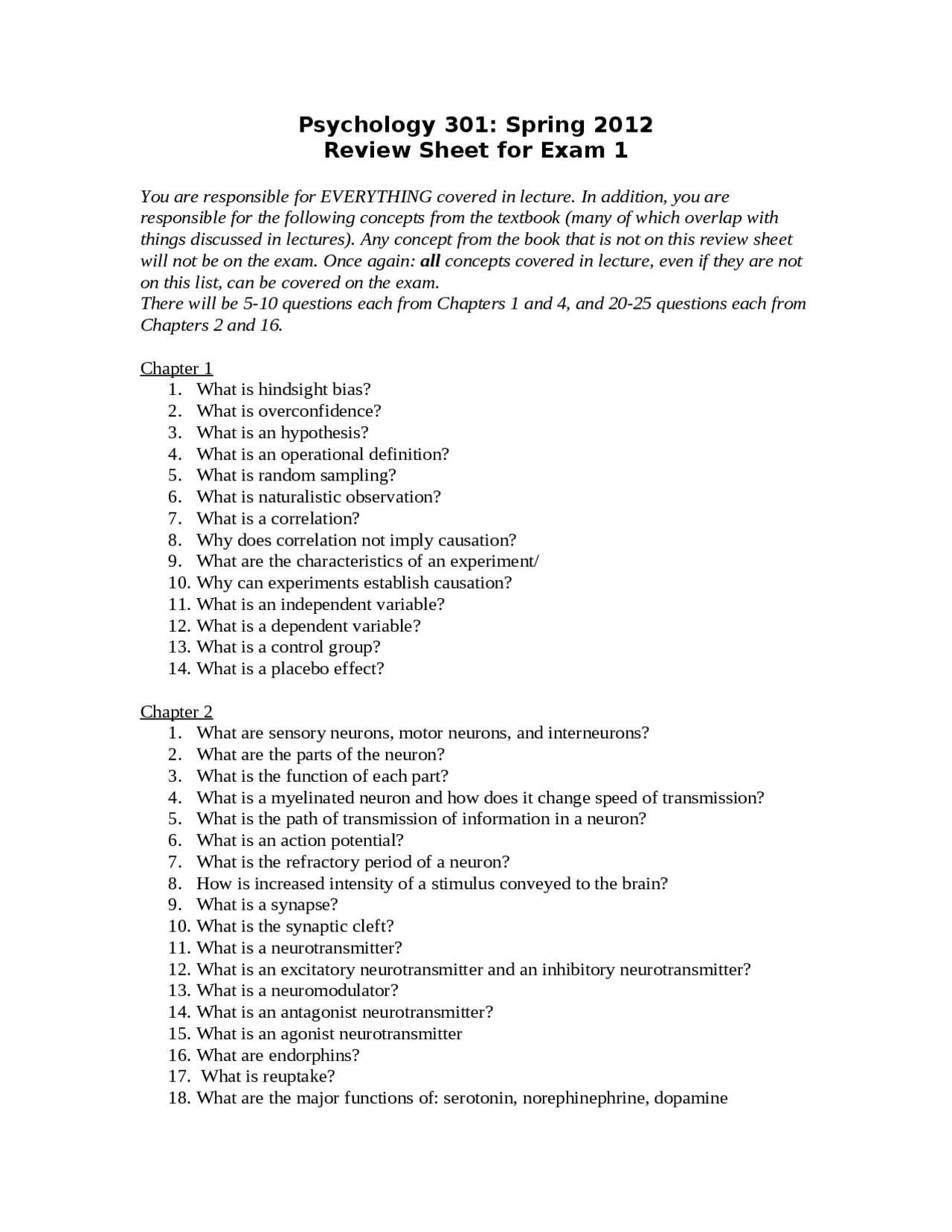 Review Sheet for Exam - Introduction to Psychology | PSY 301 - Docsity