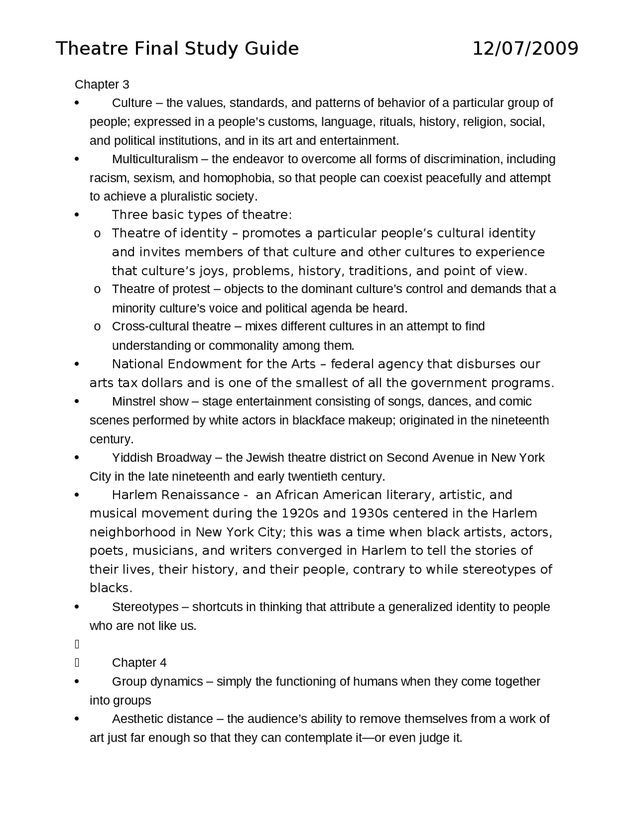 Introduction to Theatre and Types- Study Guide | THTR 1020 - Docsity