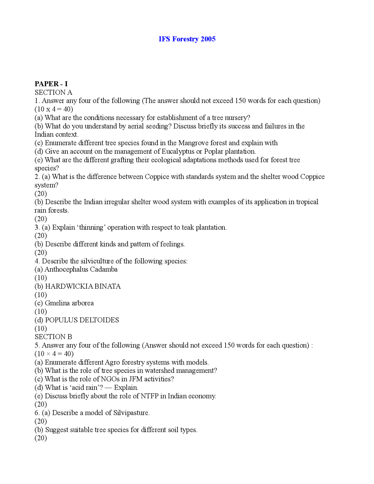 Forestry - Exam Paper 2005 - Forest Management - IFS - Docsity