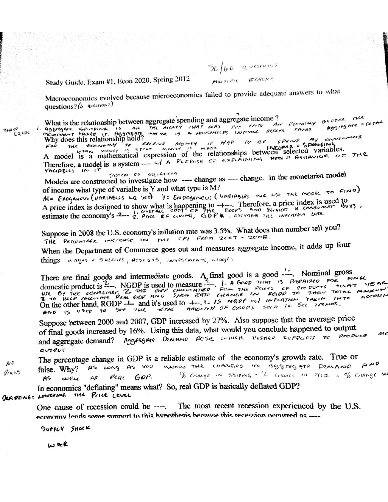 Exam 1 with Solution for Principles Of Macroeconomics | ECON 2020 - Docsity