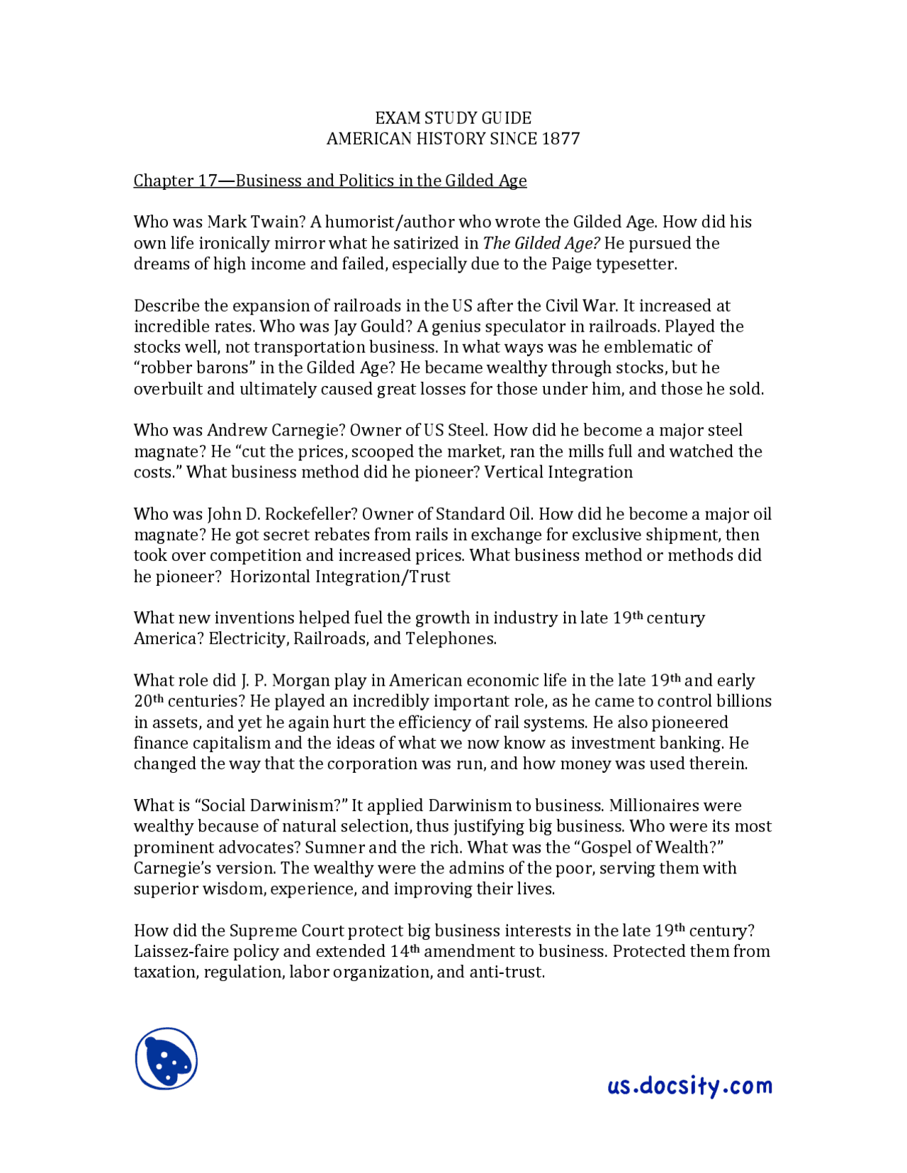 Exam Study Guide: American History Since 1877 - The Gilded Age - Docsity