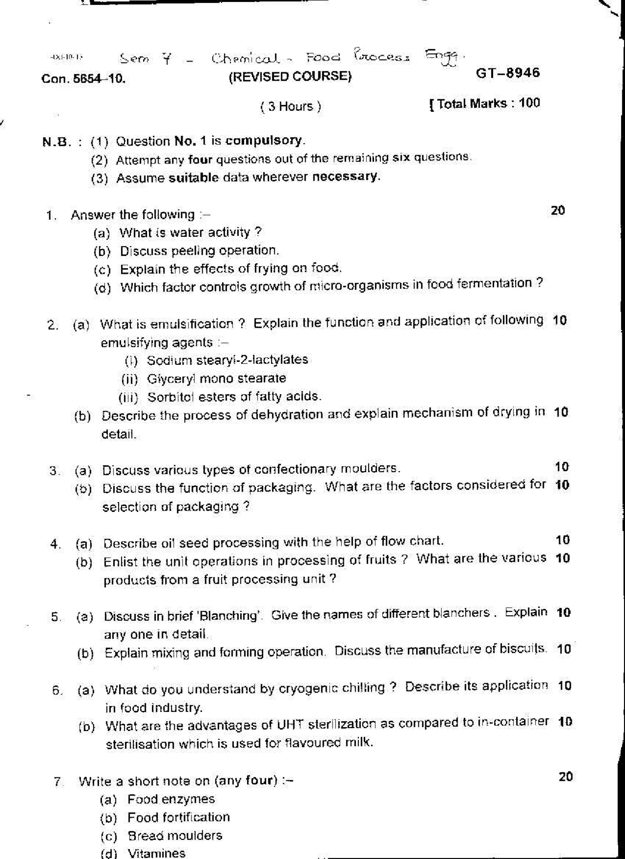 Food Process Engineering Exam Paper Chemical Engineering 7th