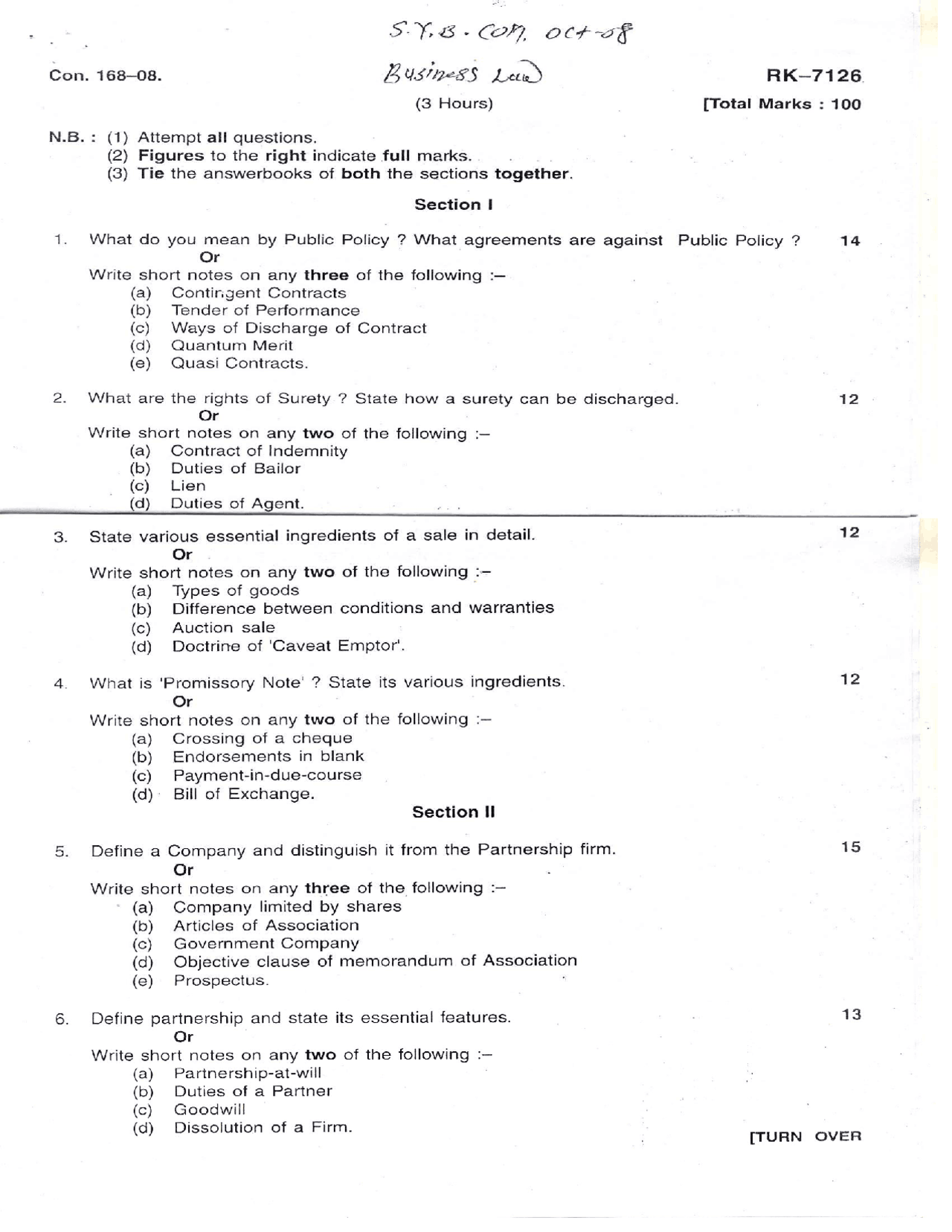 Business Law Exam Paper Oct 2008 Commerce Docsity