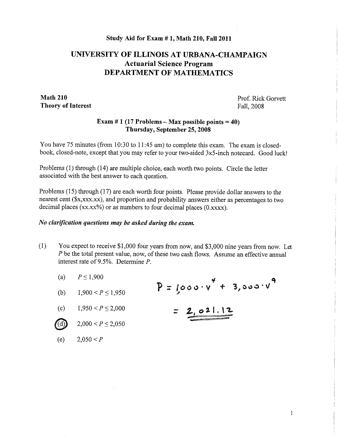 Study Aid for Exam 1 - Theory of Interest | MATH 210 - Docsity