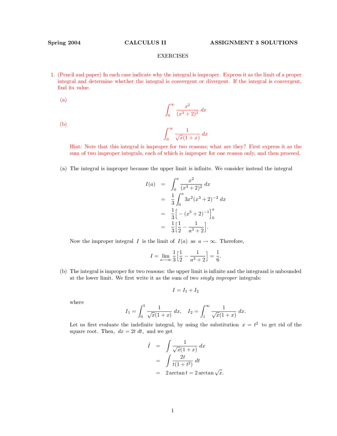 Solved Assignment 3 Problems - Calculus II | MATH 1020 - Docsity