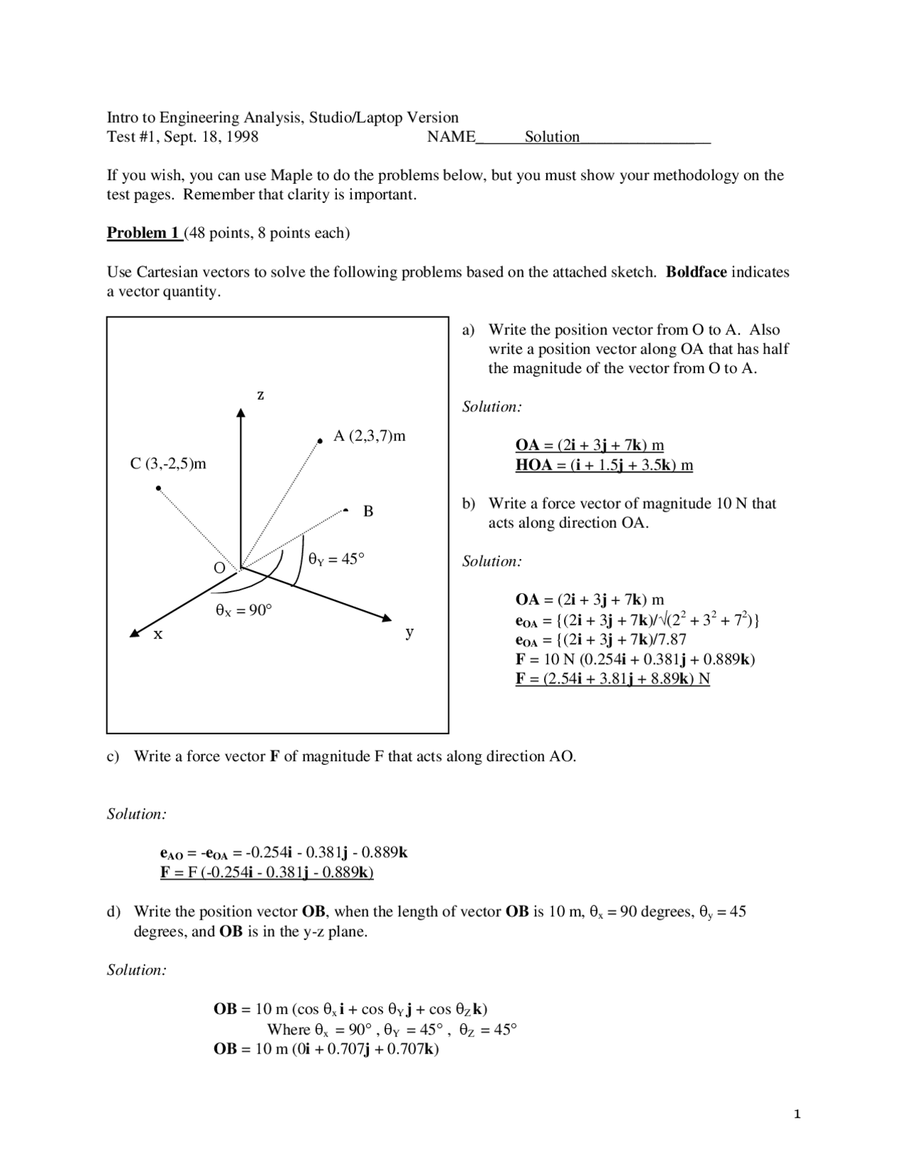 Engineering Test One Question Practice Test 1 with Solutions - Introduction to Engineering Analysis ...