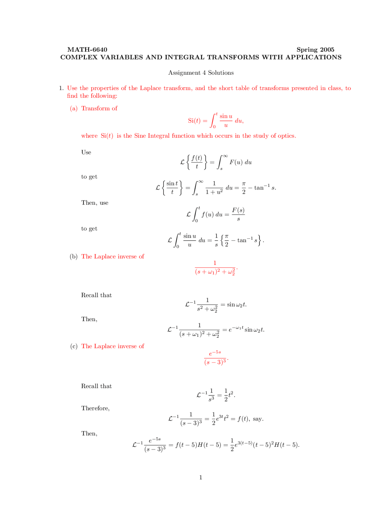 Complex Variable Integration Notes Assignment 4 with Solutions - Complex Variables and Integral Transforms ...