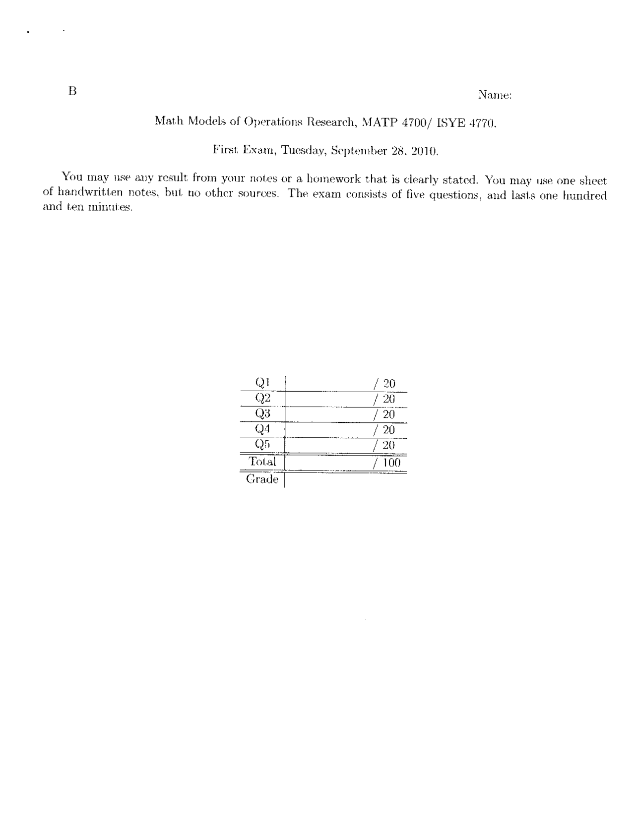 Math Models of Operations - Examination 1 | MATP 4700 - Docsity