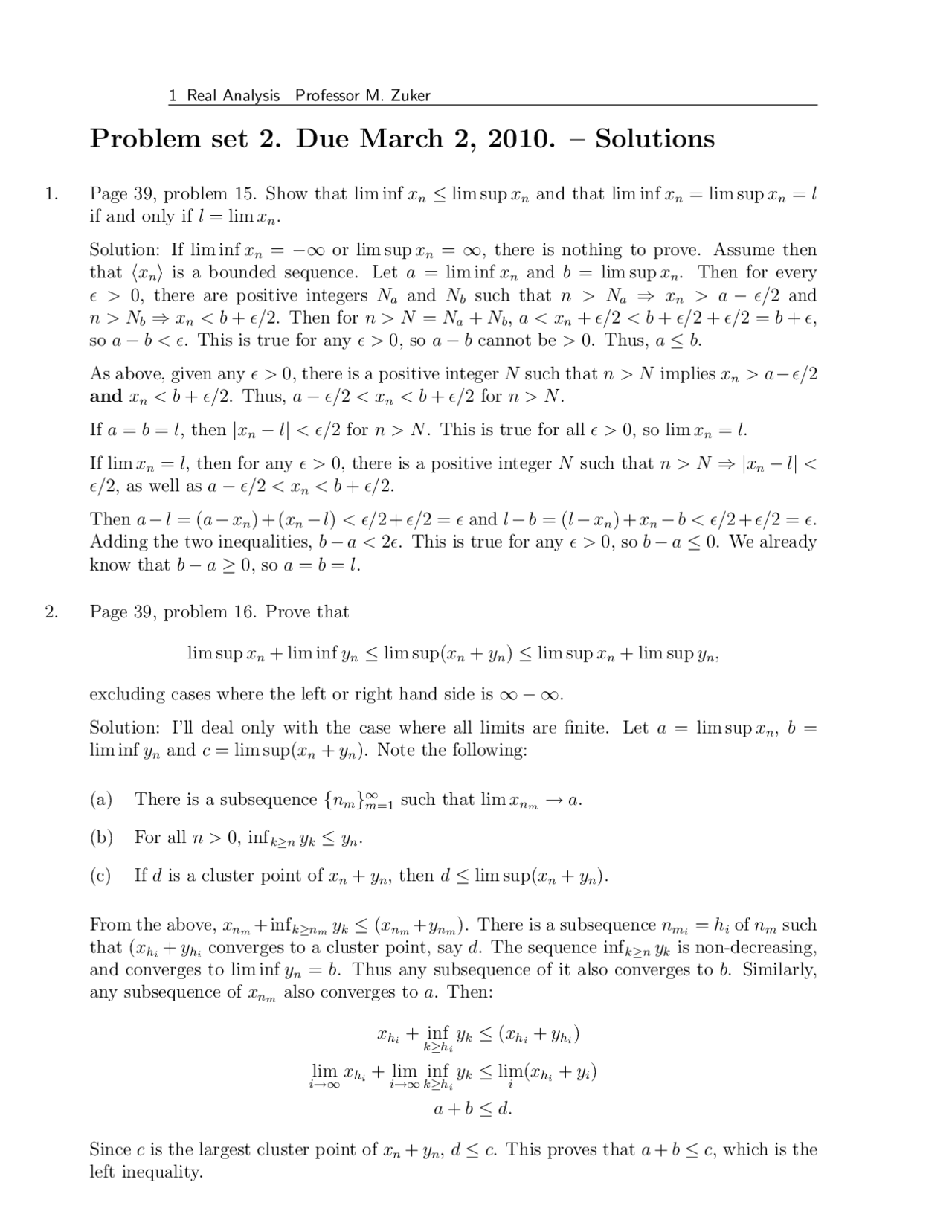 Problem Set 2 Solutions for Real Analysis | MATH 6200 - Docsity