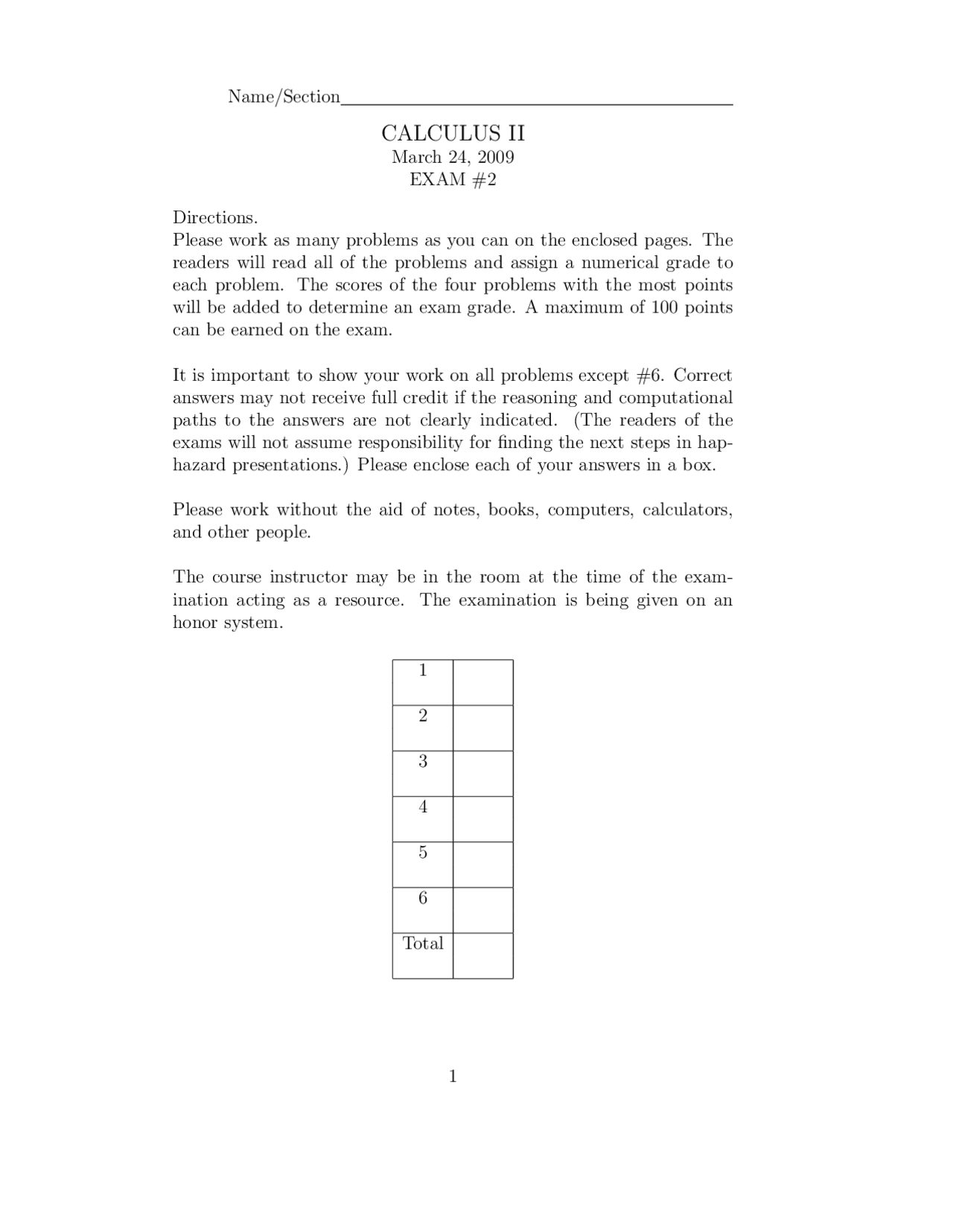 6 Questions Exam 2 - Calculus II | MATH 1020 - Docsity