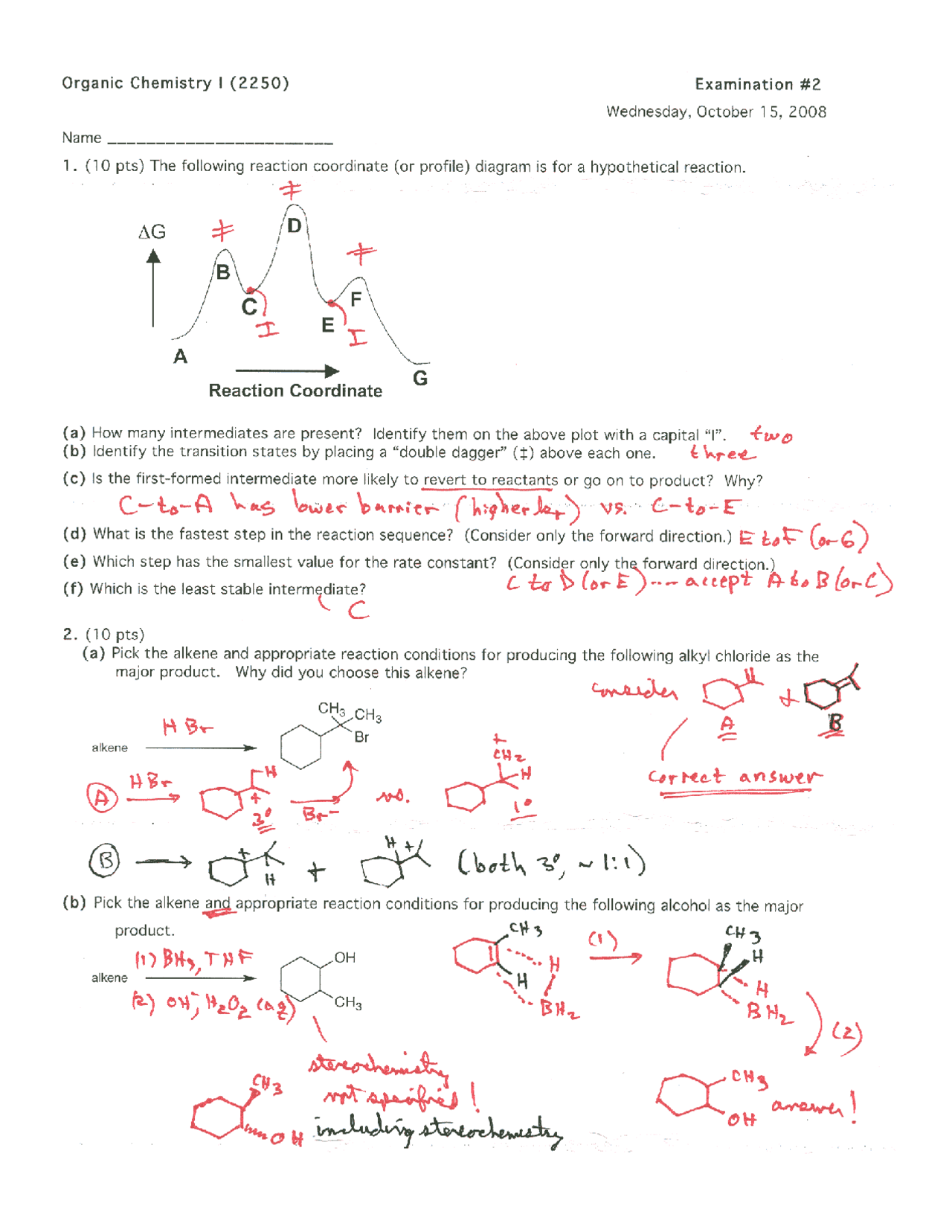 Exam 2 Solved - Organic Chemistry I - Fall 2008 | CHEM 2250 - Docsity