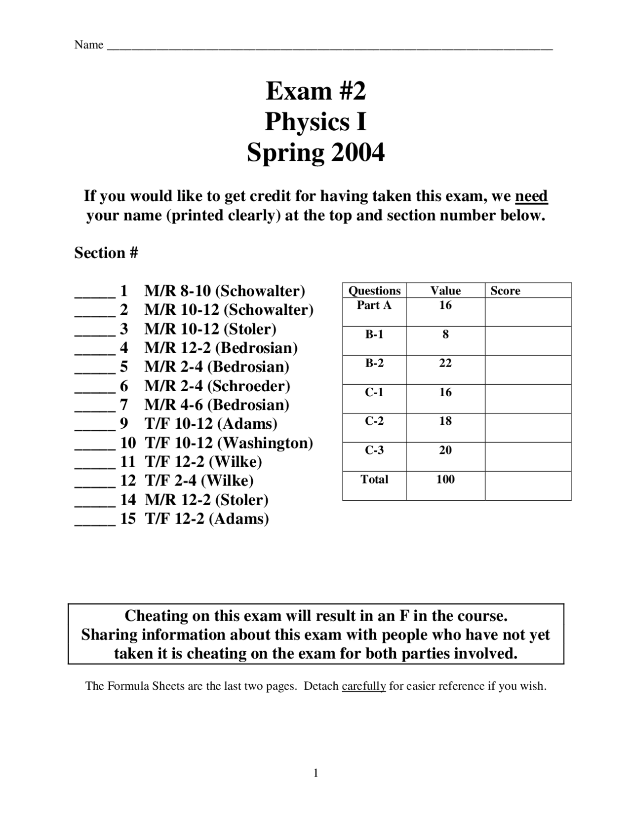 Exam II Questions - Physics I - Spring 2004 | PHYS 1100 - Docsity