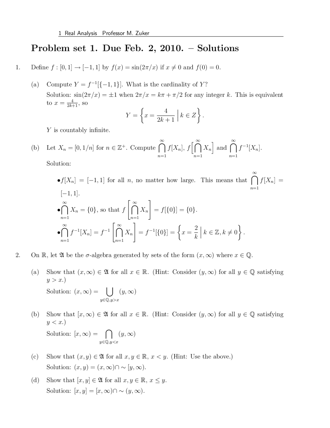 Problem Set 1 with Solutions | Real Analysis | MATH 6200 - Docsity