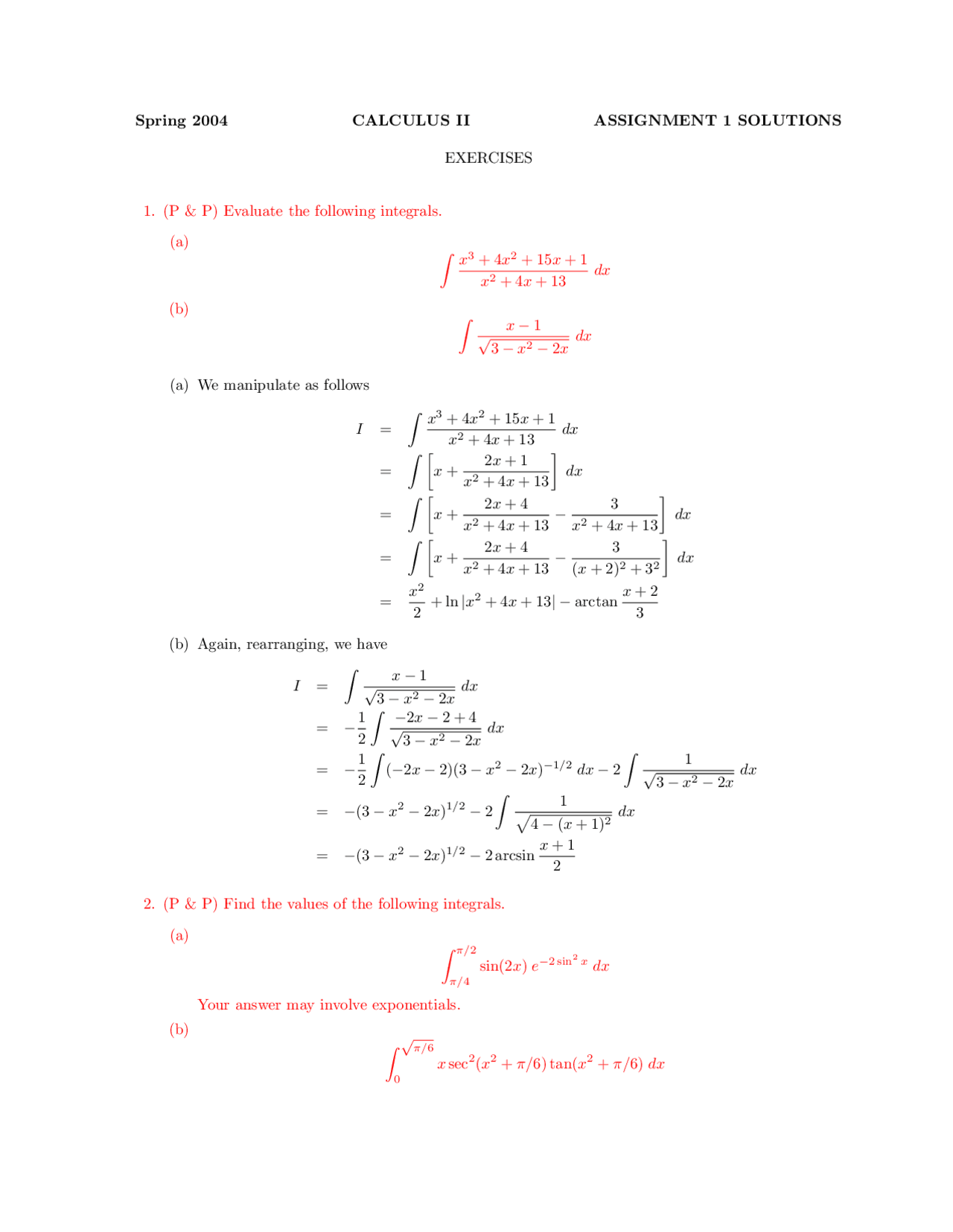 Solved Homework 1 Problems - Calculus II | MATH 1020 - Docsity