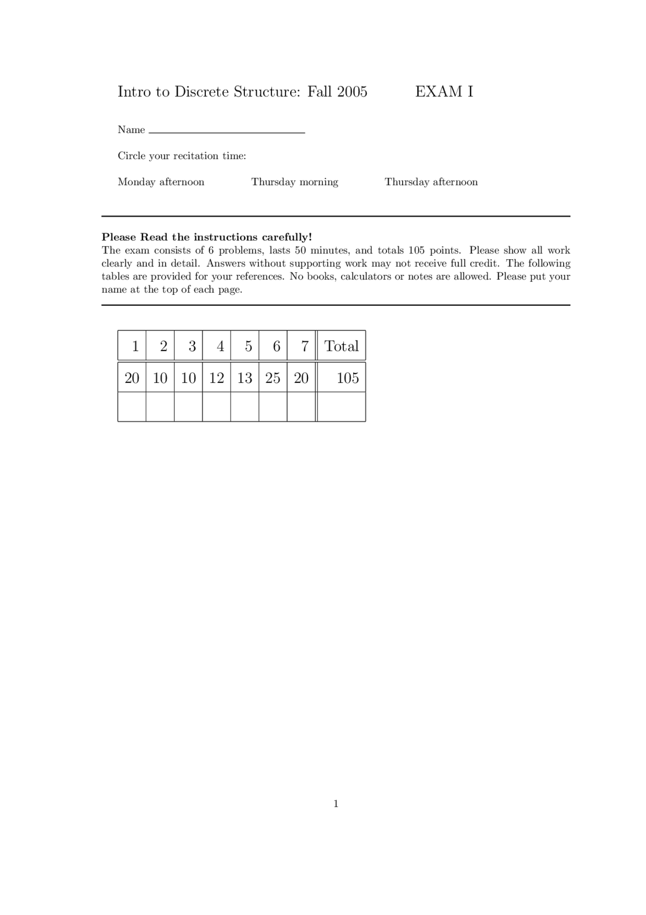 7 Problems Exam 1 - Introduction to Discrete Structures | MATH 2800 ...