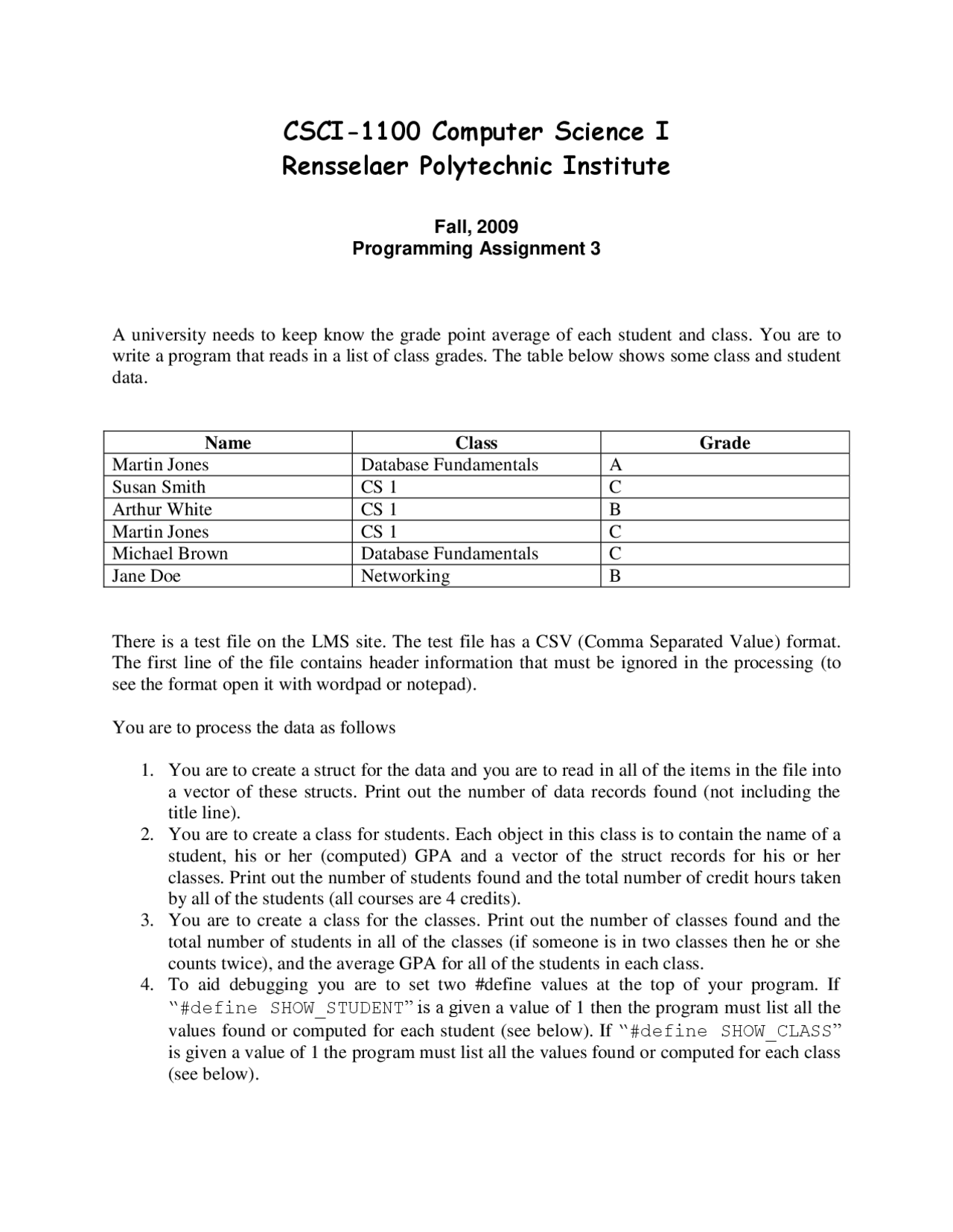 Programming Assignment 3 - Computer Science I | CSCI 1100 - Docsity