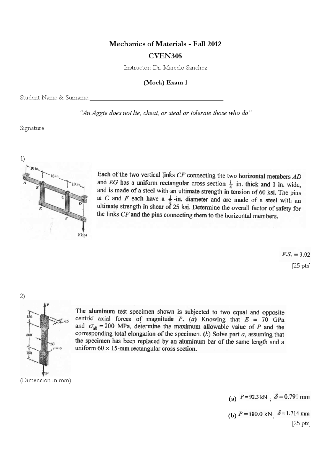 Exam 1 Questions - Mechanics of Materials | CVEN 305 - Docsity