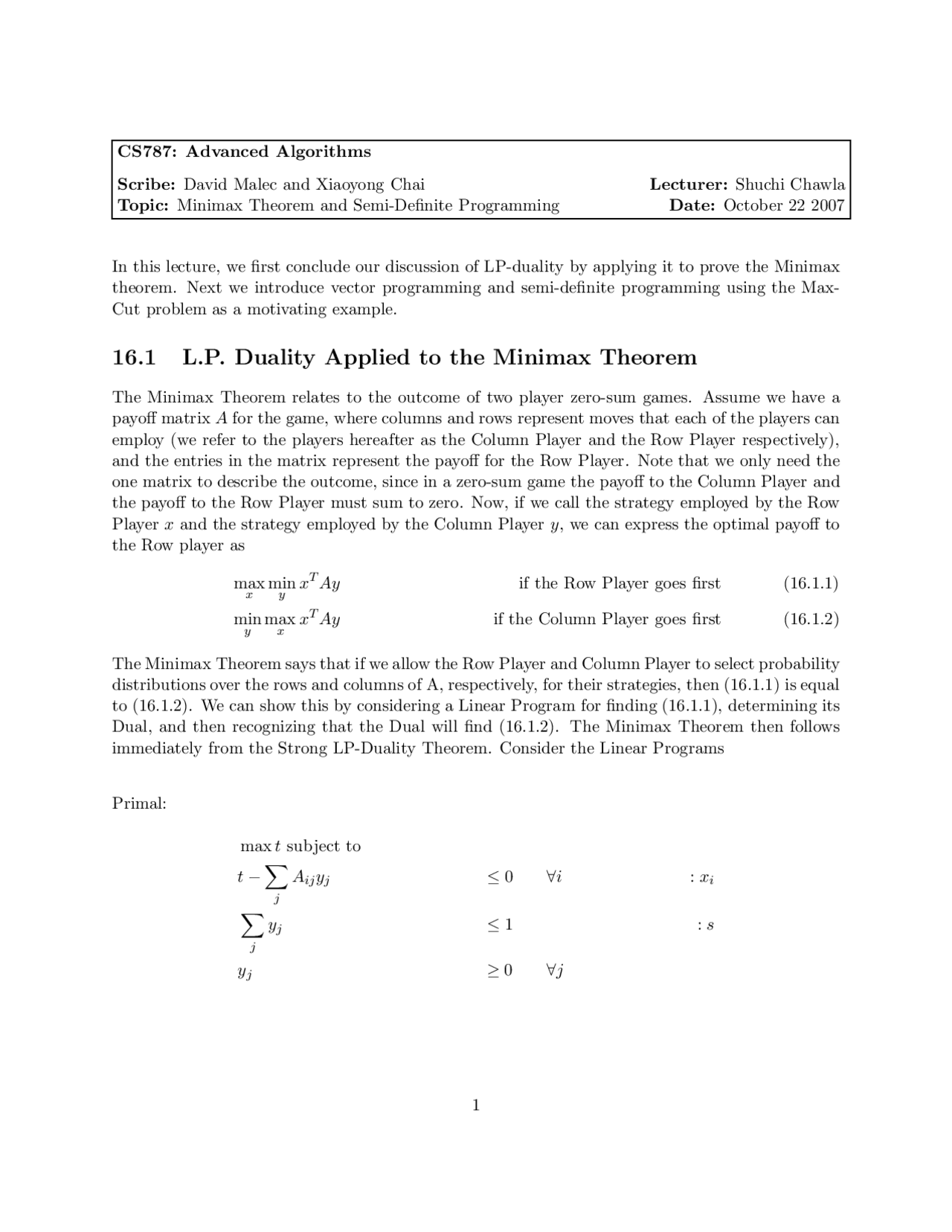 Minimax Theorem and Semi De?nite Programming-Advanced Algorithms ...