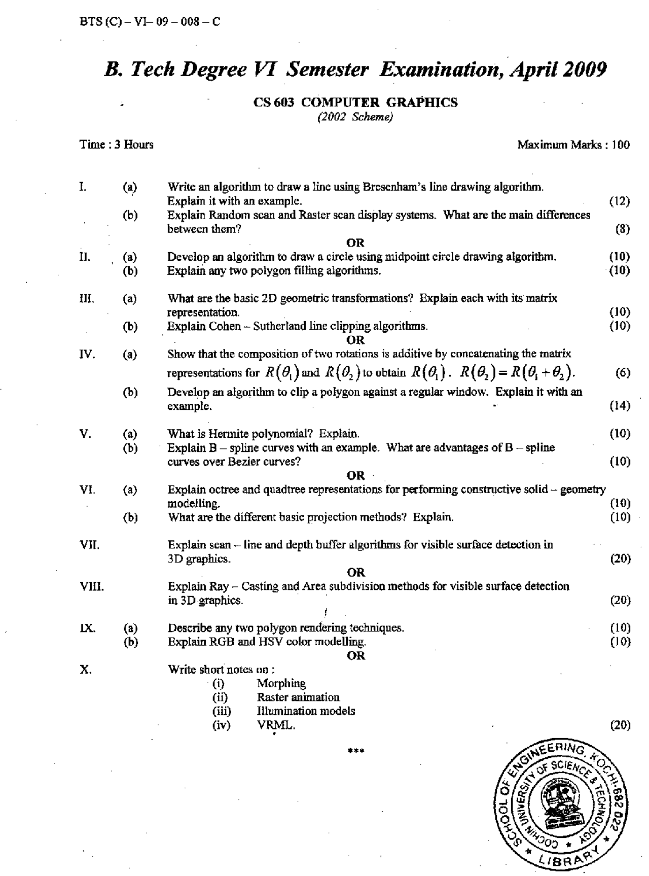 Computer Graphics Exam Paper April 2009 Computer Science 6th