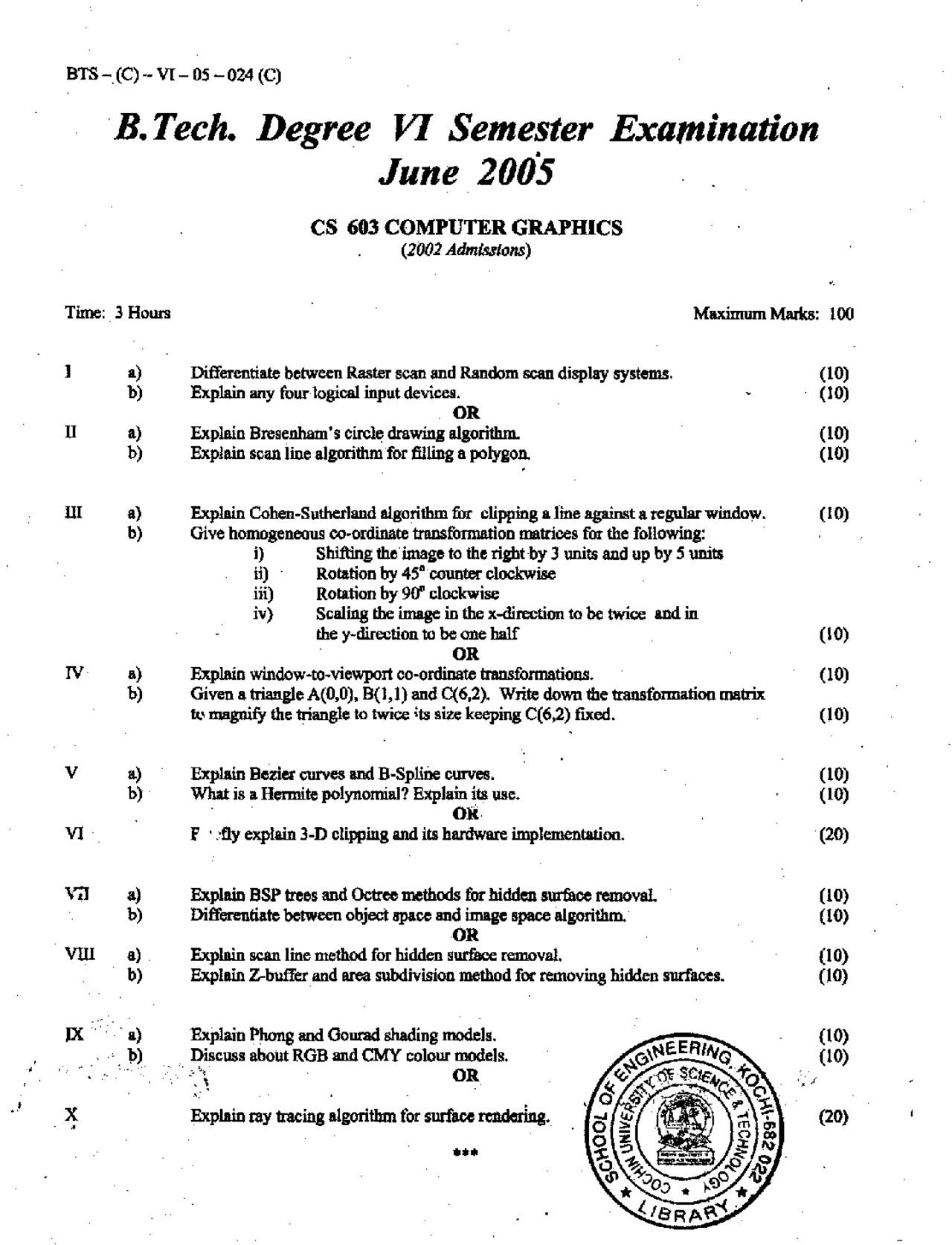 Computer Graphics Exam Paper June 2005 Computer Science 6th